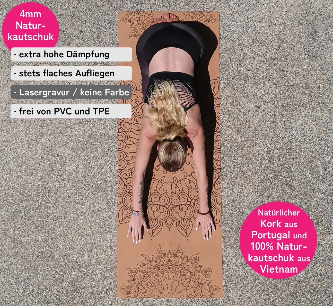 Premium Yogamatte Kork | Naturkautschuk & Kork | inkl. Tragegurt | Yoga Matte Kork: natürlich rutschfest | robust & langlebig | 183 x 66 x 0,4cm | inkl. Tragegurt | Yoga Matte rutschfest