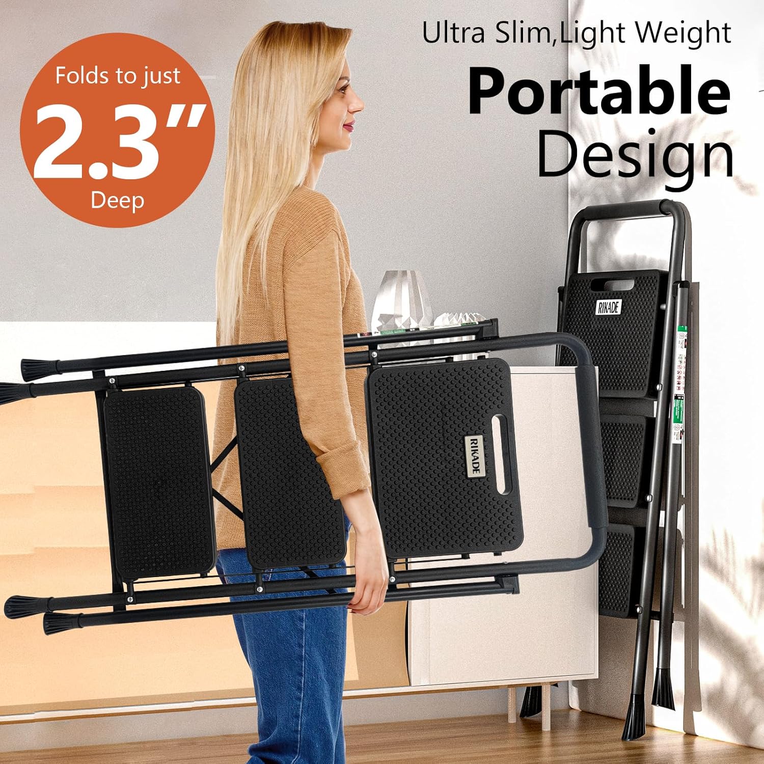 3 Step Ladder, RIKADE Folding Step Stool, Step Stool with Wide Anti-Slip Pedal, Lightweight, Portable Folding Step Ladder with Handgrip, Multi-use Steel Ladder for Household and Office - Image 6