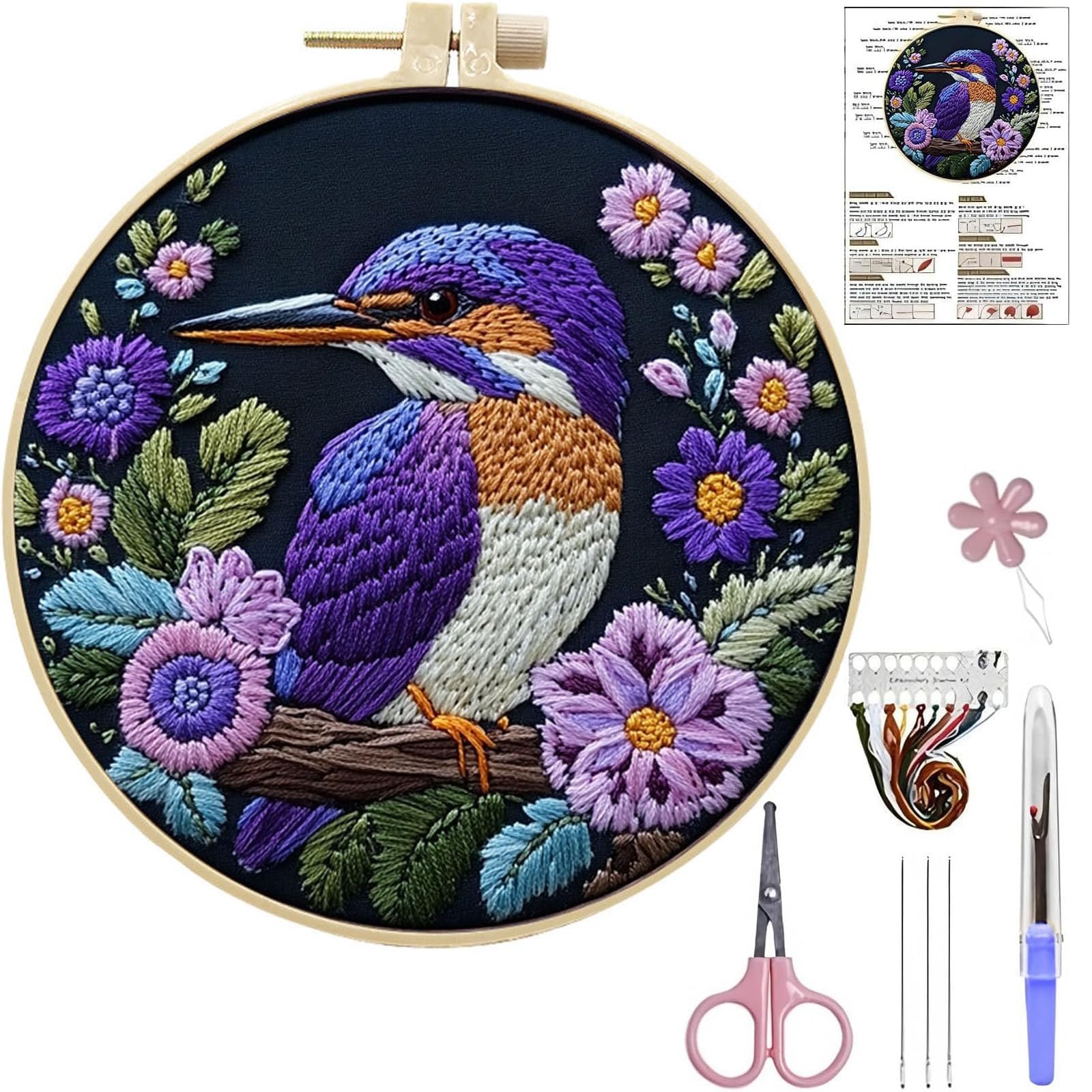 Fworuais Colorful Embroidery Kits For Beginners, Diy Embroidery Starter Set With Purple Bird Pattern Instruction, Hand Embroidery Kit For Adults Stitching Sewing Kit Gift, With Pre-Patterns, Threads, Needles And Hoop