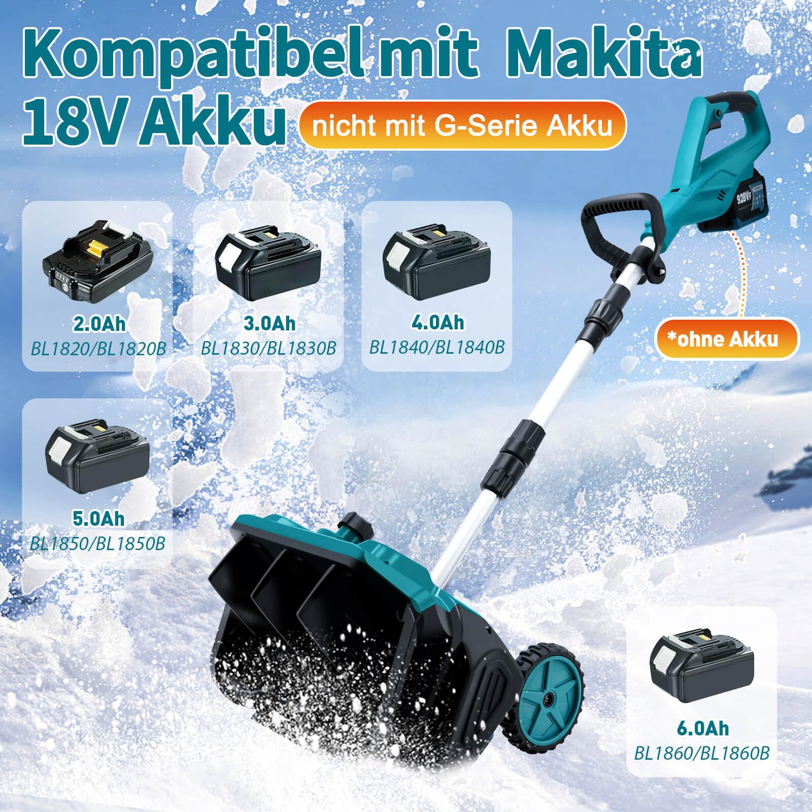Akku Schneefräse für Makita Akku 18V,1000W Elektrische Schneefräse mit Rollen, Arbeitsbreite 32 cm, max.Schneehöhe 18 cm,Wurfweite 6m,30° Einstellbar (Blau Ohne Batterie)