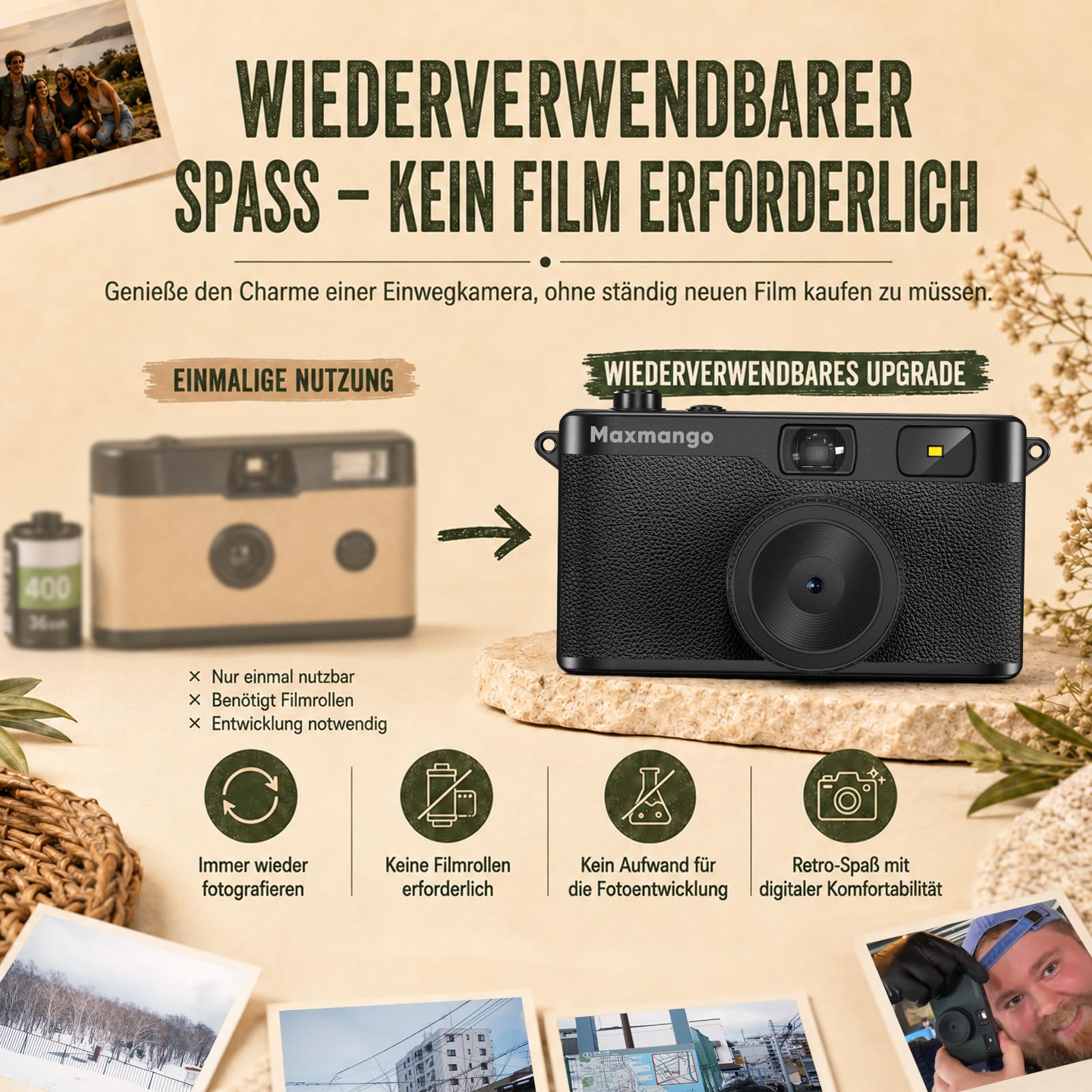 Maxmango D53 Retro Digitalkamera ohne Bildschirm, Einwegkamera-Ersatz, USB-C, 8GB SD-Karte, Schwarz