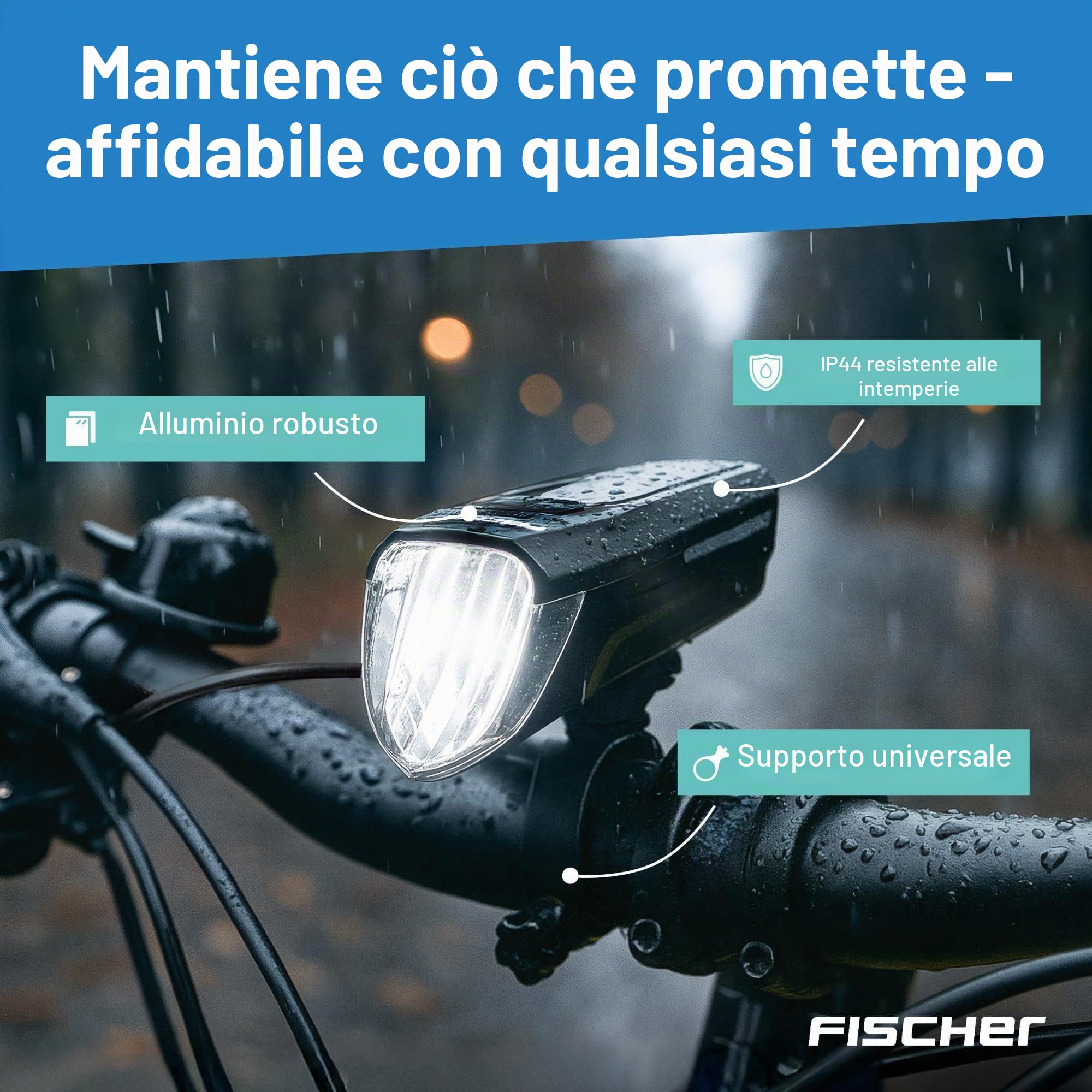 Fischer Fanale anteriore a LED per bicicletta, 100 lux, abbaglianti