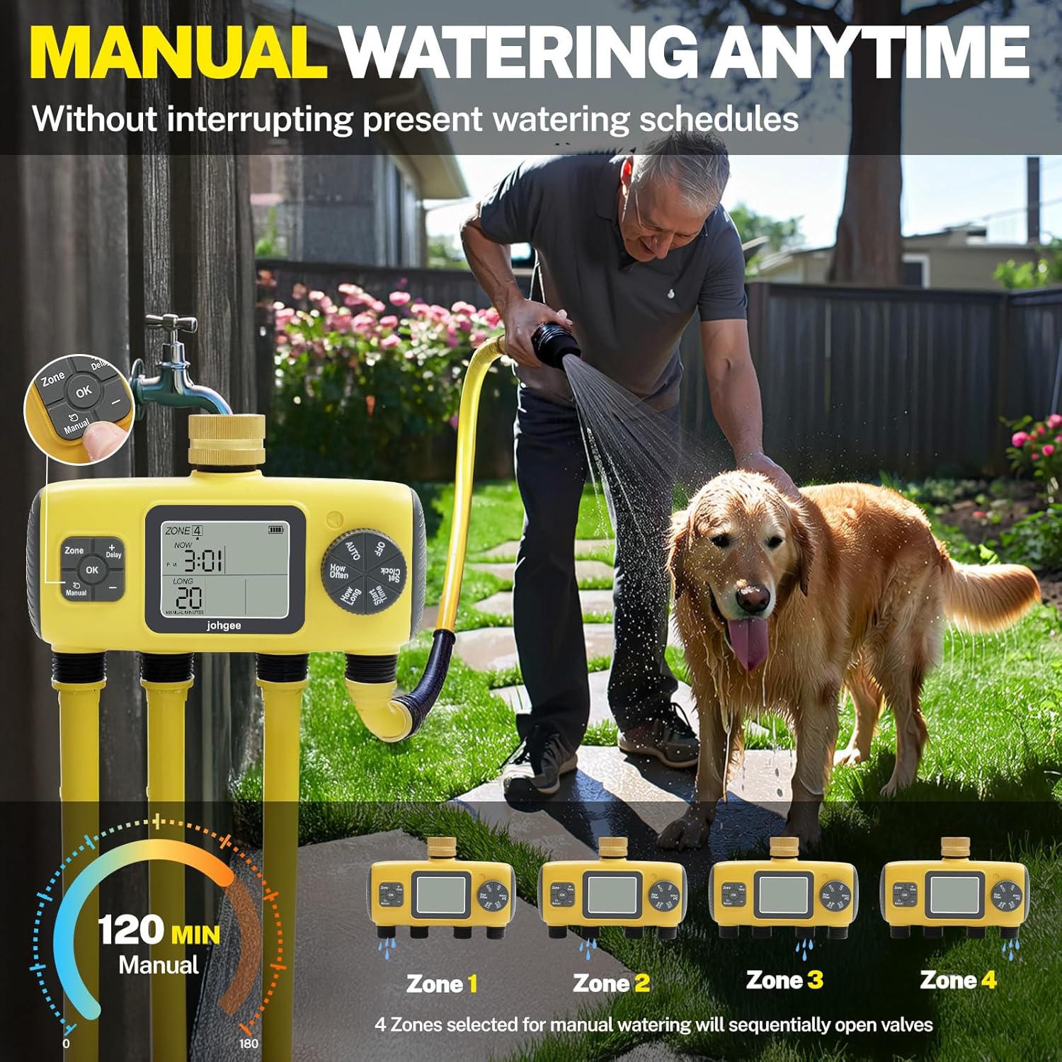 Man watering a dog and lawn with the Johgee timer in manual mode, showing sequential zone watering