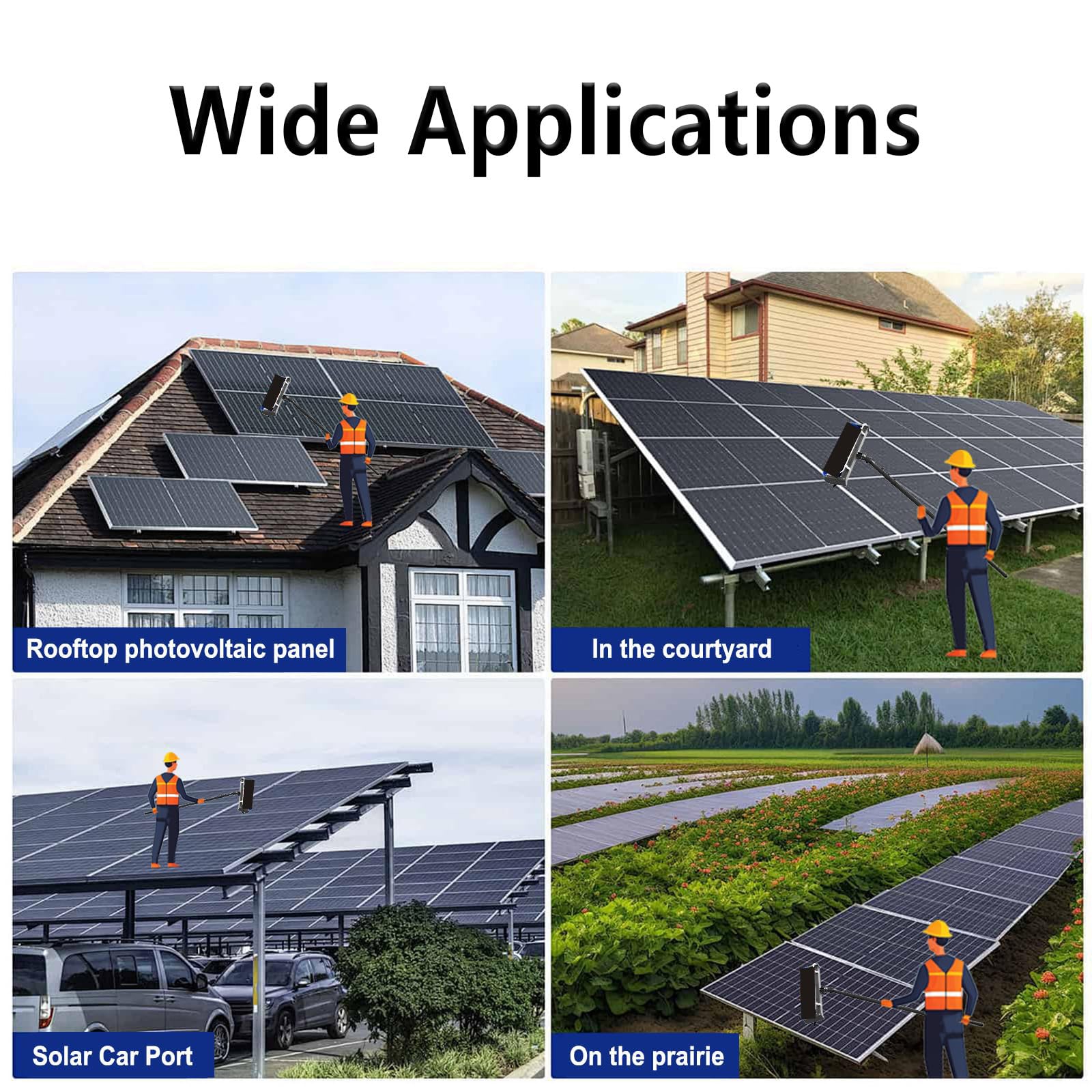 Cepillo de limpieza de paneles solares con cabezal giratorio automático y poste ajustable para un mantenimiento fotovoltaico eficiente (750 cm)