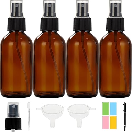 Botellas rociadoras de vidrio ámbar oscuro de 4 onzas, botellas pequeñas de vidrio para aceites esenciales, niebla fina para cara, cabello, plantas,