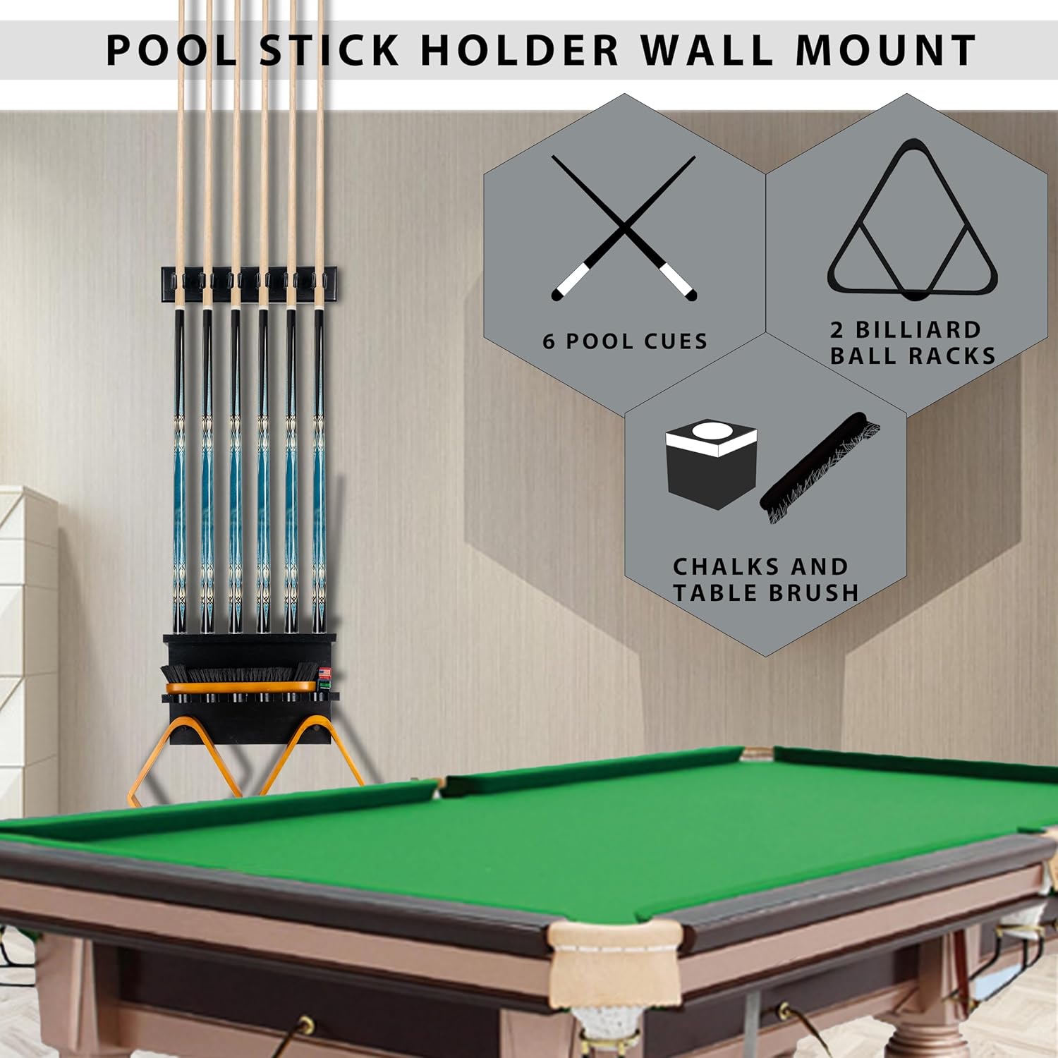 Wall Mount Pool Stick Holder - Billiards Pool Cue Rack for 6 Cues Sticks Storage Pool Table Accessories, Black