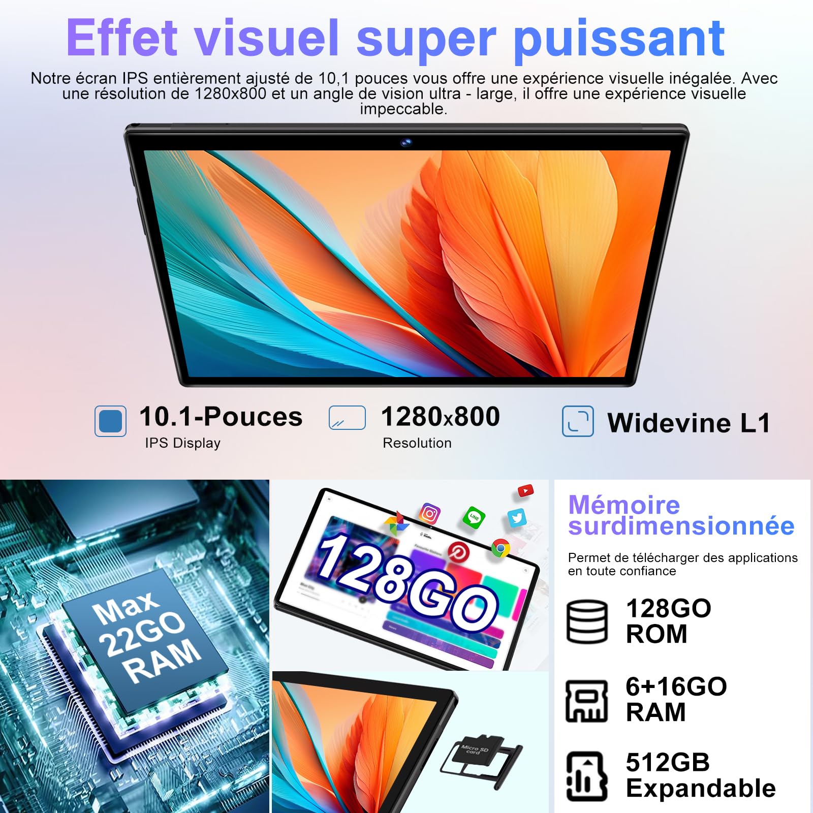 2026 Dernière Tablette Android Gemini AI, Tablette 10 Pouces 22Go RAM + 128Go ROM(TF 2To), avec 5G WiFi Octa-Core 2.0GHz, 8000mAh, GPS, Widevine L1, Tablette Tactile Noir