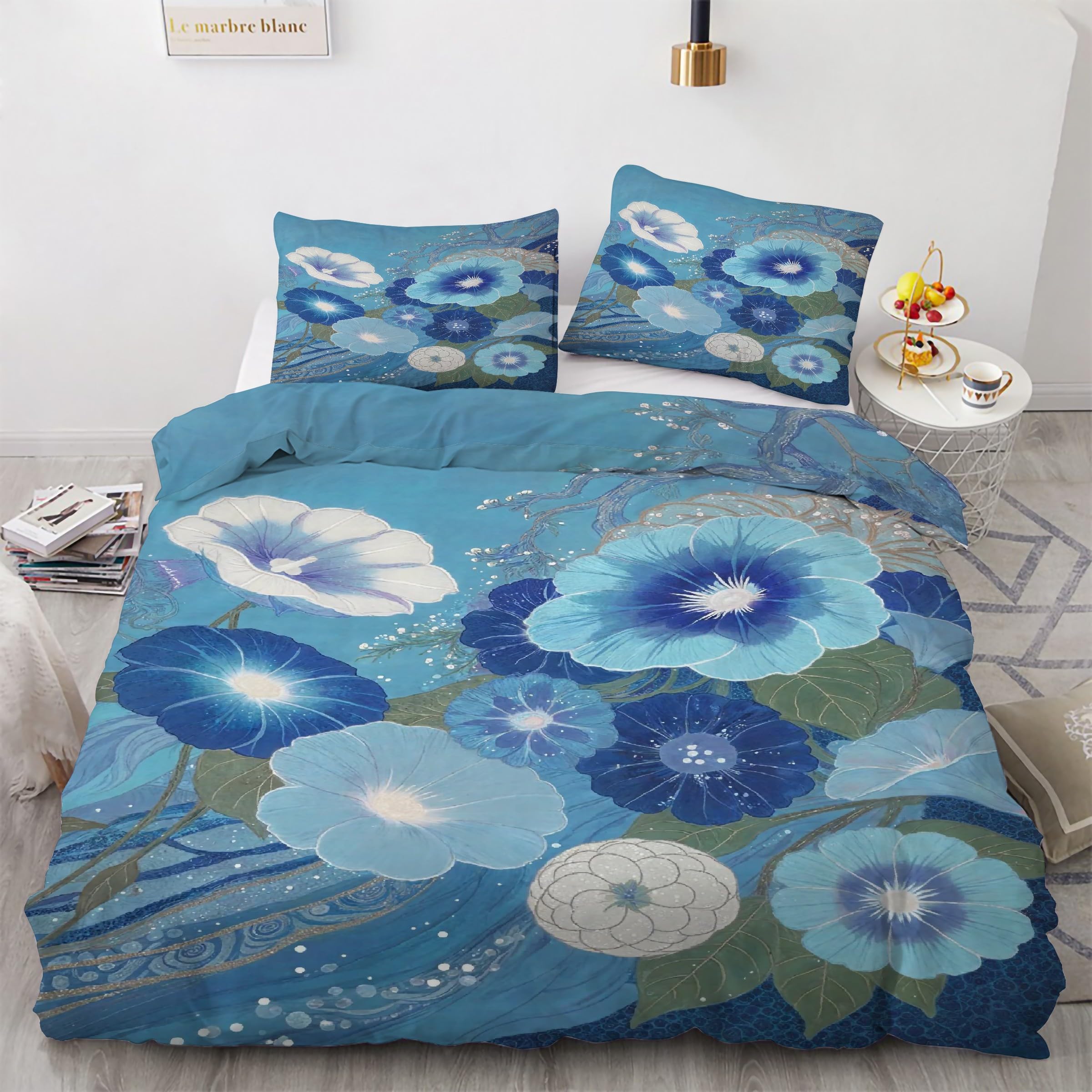 Parure de lit 90x190 anti-glisse avec fermeture éclair, housse de couette bleu en microfibre douce