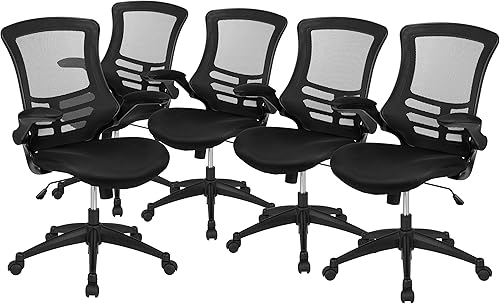Miniatura 14 de Flash Furniture Kelista Silla de oficina ergonómica giratoria de malla roja con respaldo medio, brazos abatibles Malla roja,Piel negra