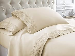 Amrapur Overseas Crochet Lace Microfiber Sheet Set | Crochet Lace Microfiber Sheet Set with 14" Deep Pocket Fitted Sheet, Flat Sheet and 2 Pillow Cases, 4 Piece Set (Linen, Queen)