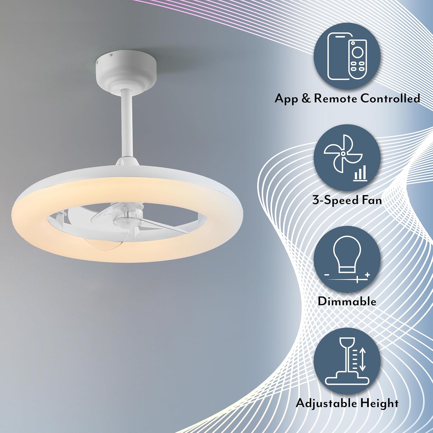 OVAL AIR AIR8001C Piero 21.5" Contemporary Minimalist 6-Speed Metal Mobile-App/Remote-Controlled Dimmable Smart Integrated LED Ceiling Fan Bedroom, Living Room, Dining Room, Frost White