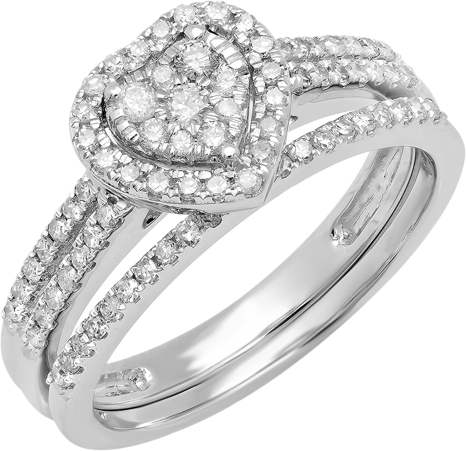 Dazzlingrock Collection 0.50 Ctw 10K Real Solid Gold Round Natural Diamond Split Shank Heart Shaped Bridal Engagement Ring Band Set