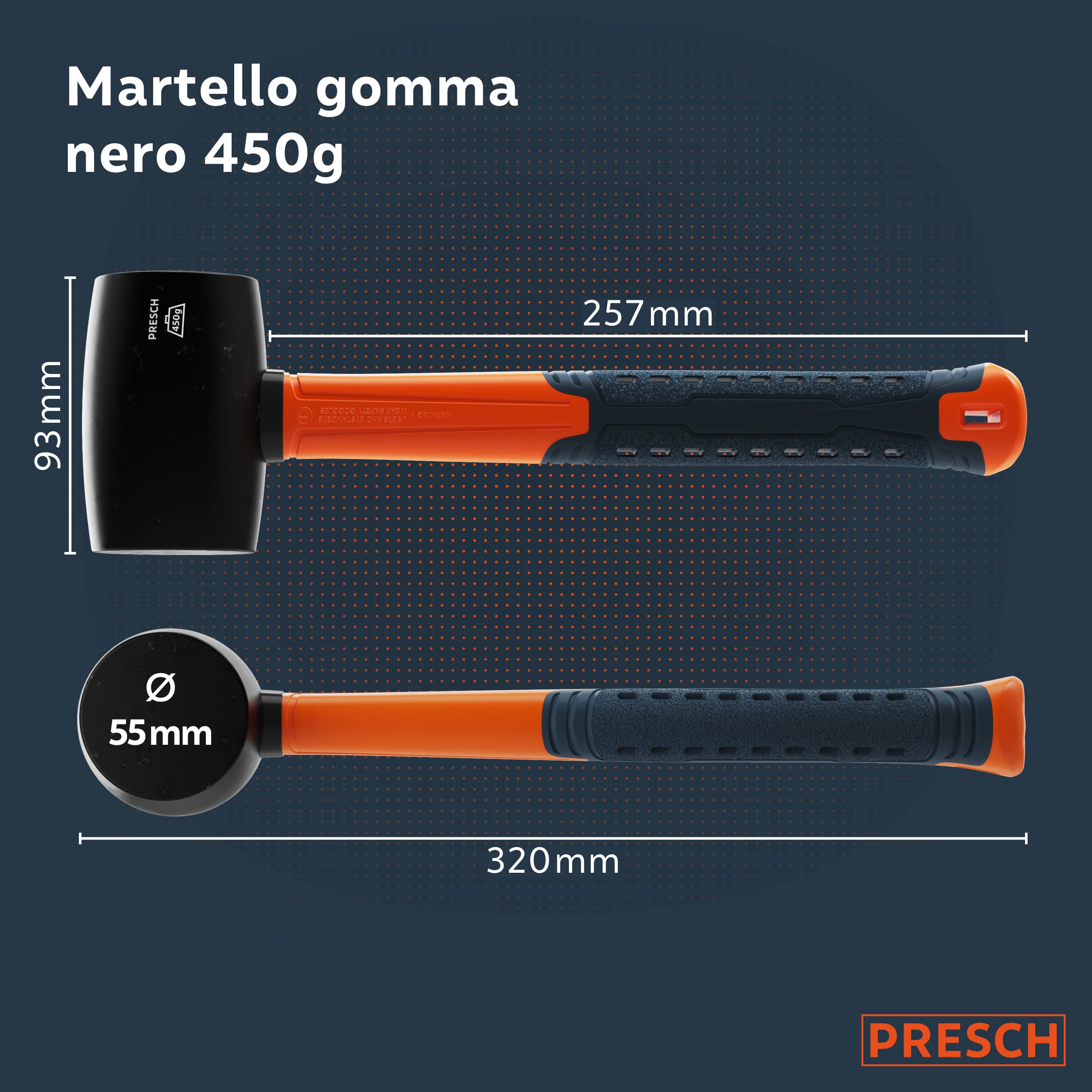 Presch Martello di gomma 450 g Mazza con manico in fibra di vetro ⌀ 55 mm Testa in materiale naturale per esterni