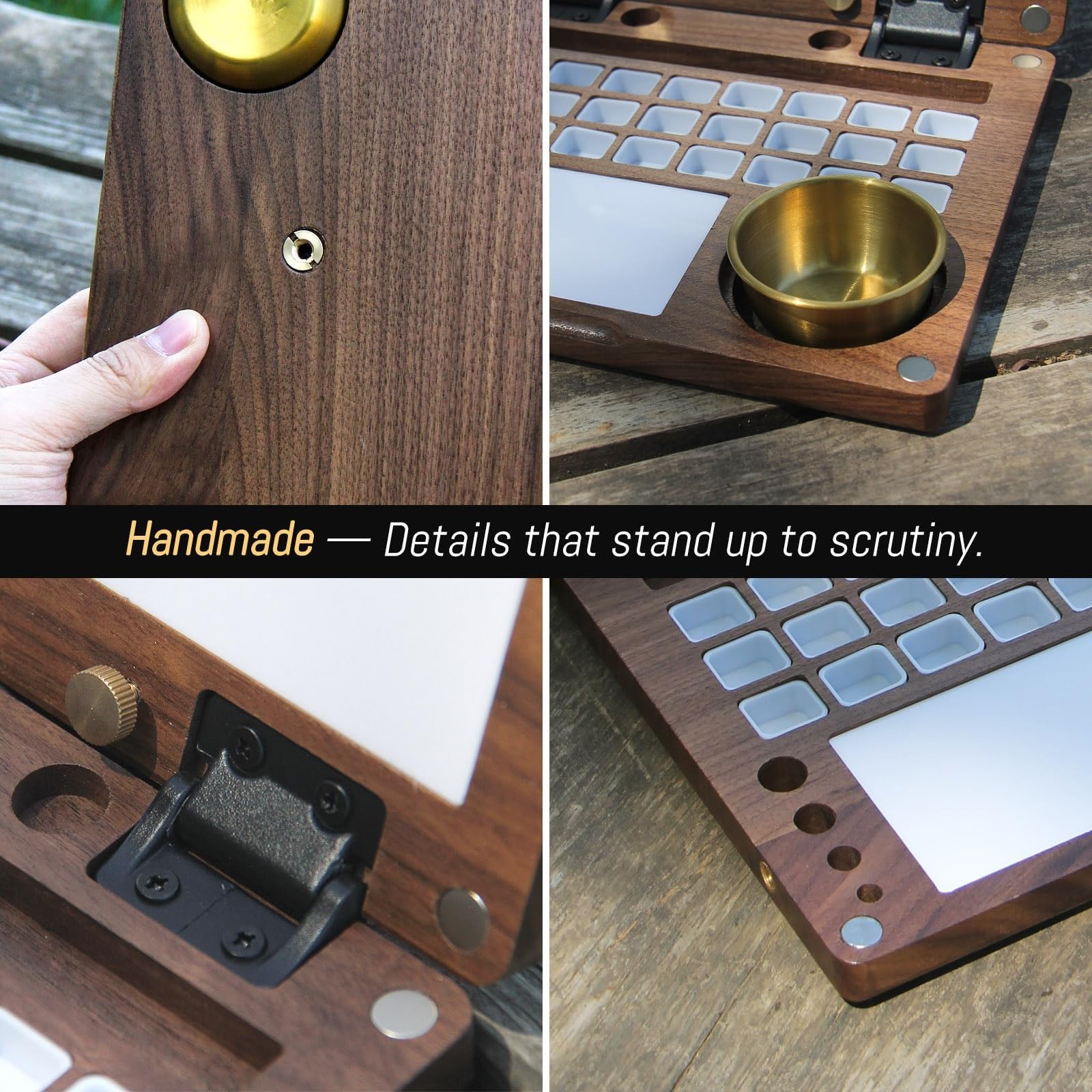 Paleta portátil de acuarela de 27 compartimentos, caja de pintura de viaje de madera de nogal negro con vaso para limpiar pinceles, clips metálicos y correa de mano, caballete de viaje