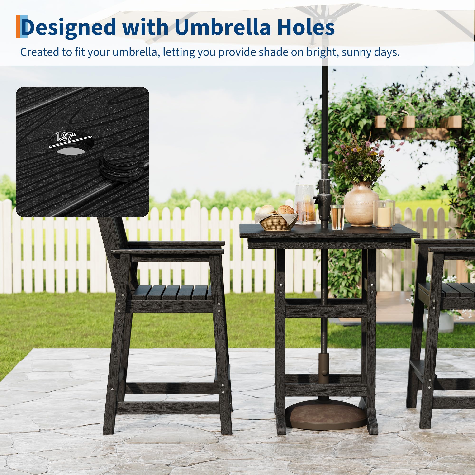 Amazon.com: 3-Piece Patio Counter Height Dining Table and Chairs Set–Outdoor HDPE Bar Table Set with Umbrella Hole & 2 Tall Bar Stools, All-Weather Outdoor Pub Furniture for Backyard, Balcony, Bistro (Black)