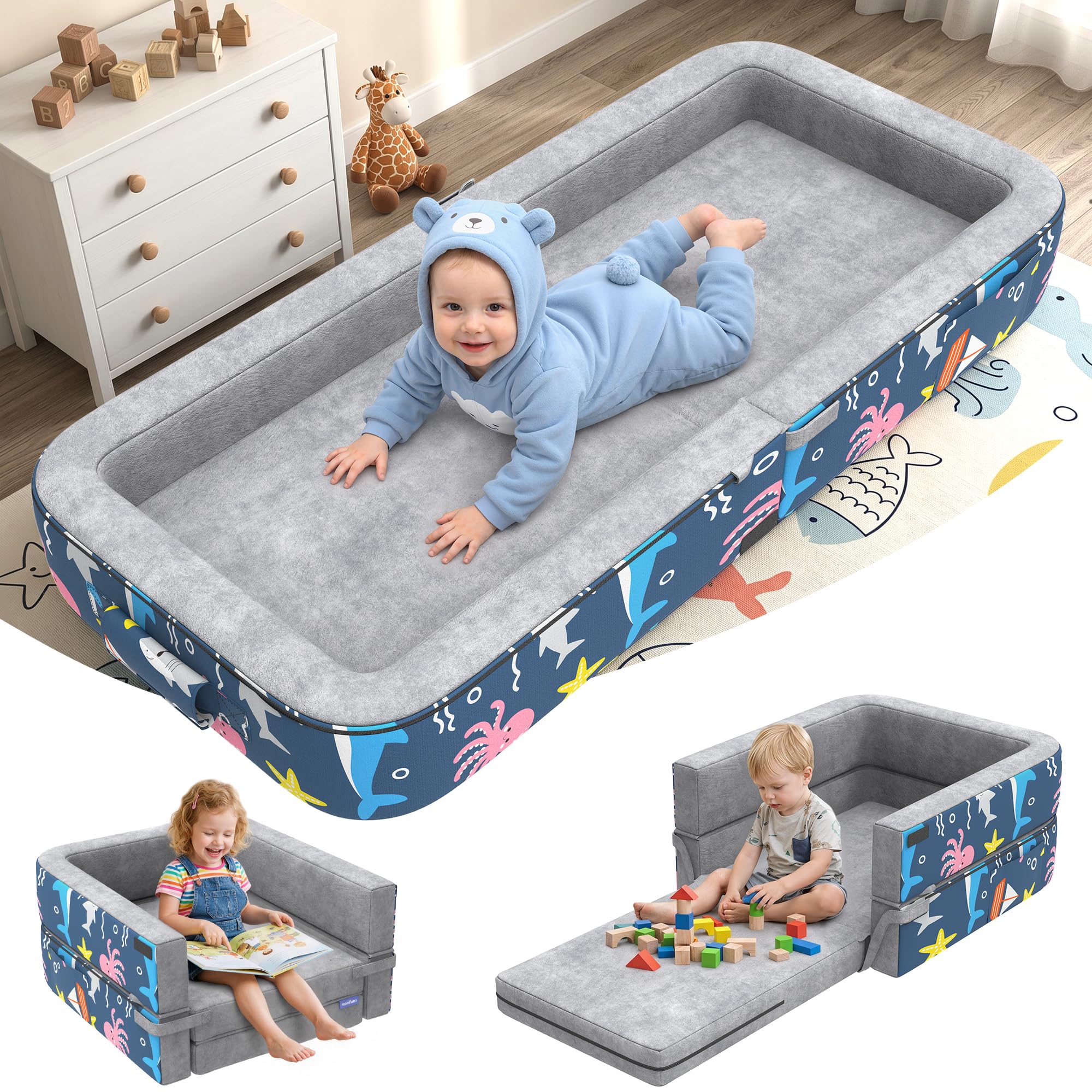 MOMFANN Portable Toddler Travel Bed, 35D Foam Safety Rails | 3‑in‑1 Portable Toddler Floor Bed for Kids 3‑6 Yrs Old, Convertible Sofa Lounger, Non‑Slip & Hypoallergenic Design