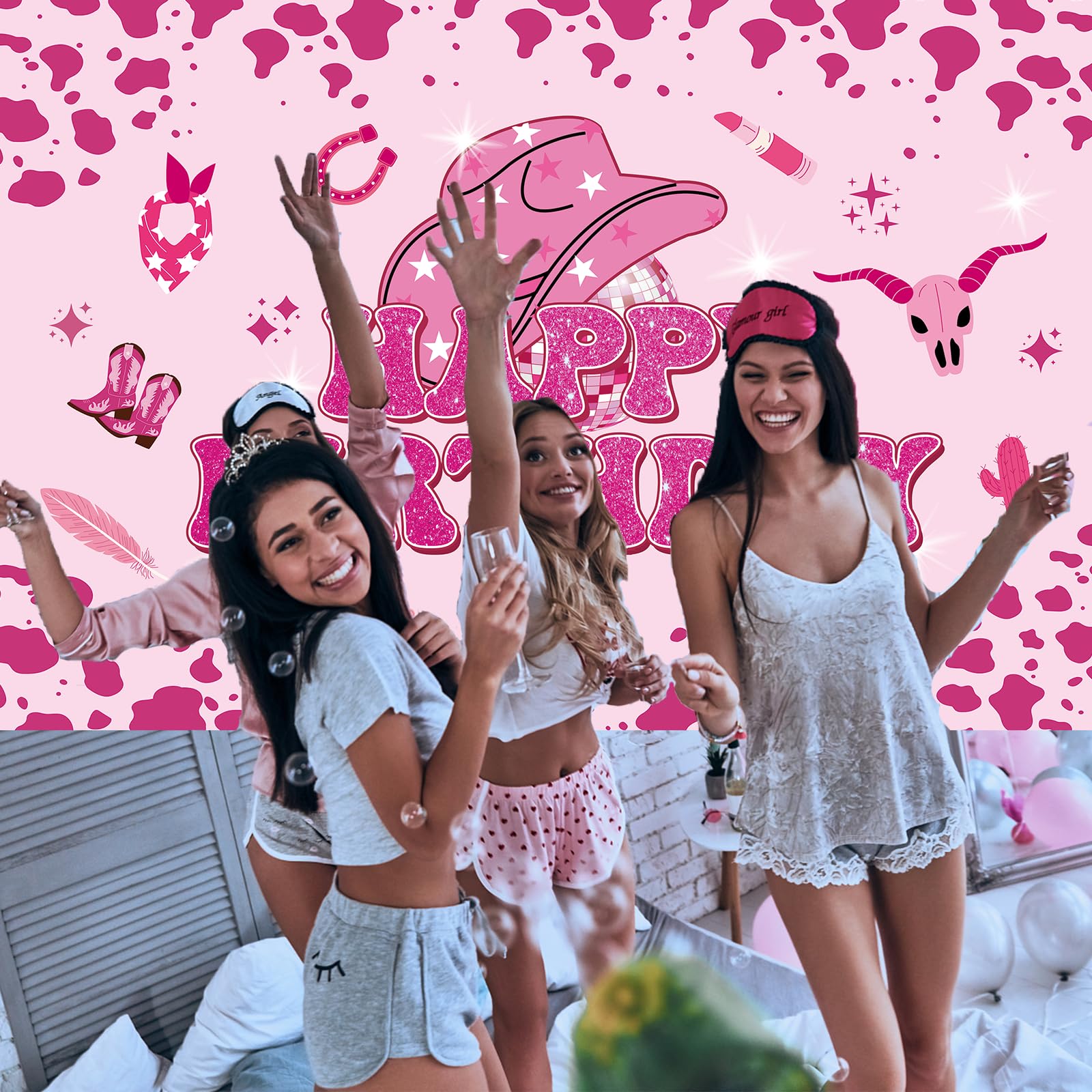 Kreat4joy Disco Cowgirl Birthday Party Decorations Banner, Hot Pink Cowgirl Happy Birthday Banner For Western Cowgirl Rodeo Birthday Party