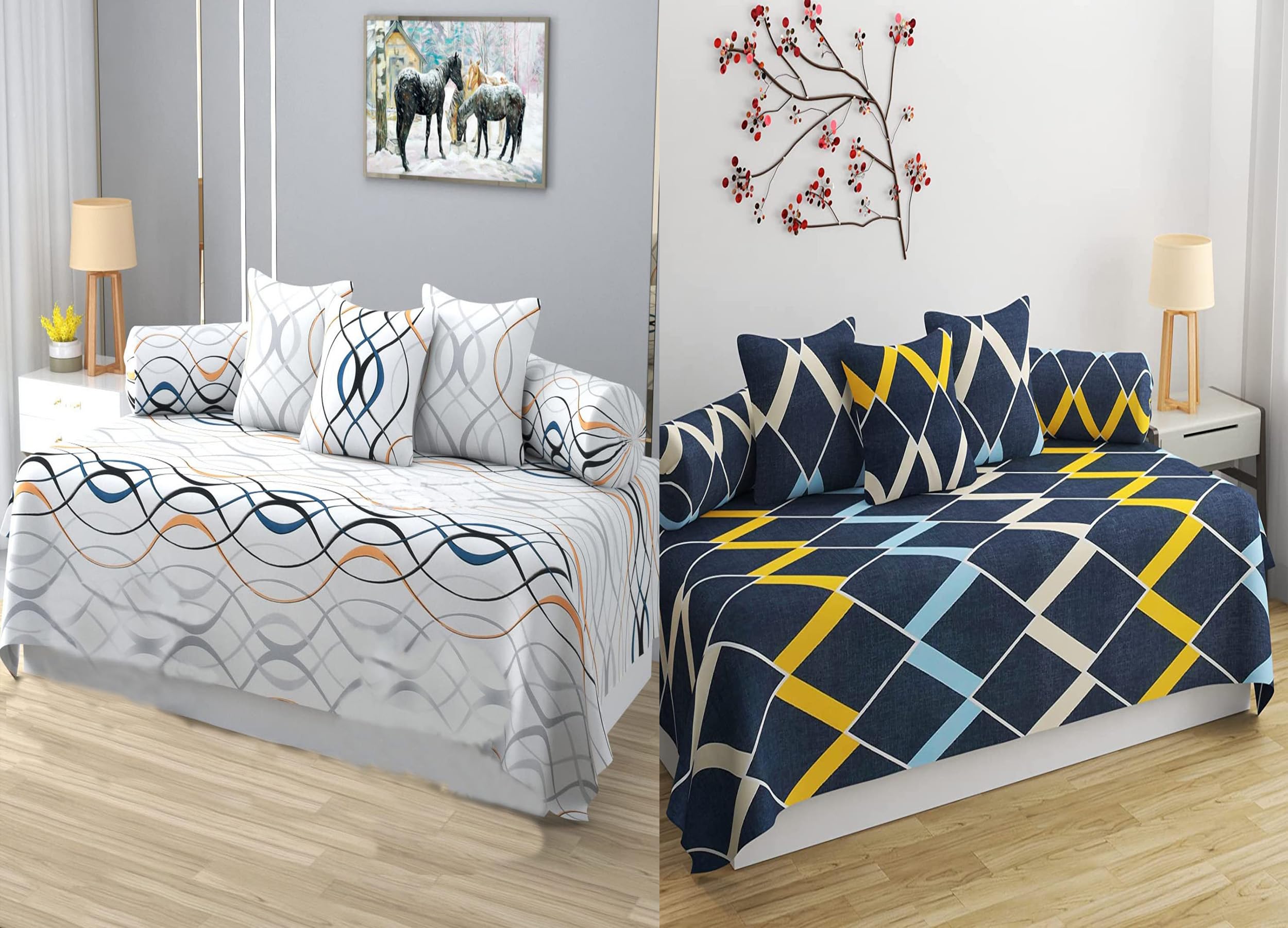 IVAZA Premium Floral Printed Glace Cotton 6 Piece diwan Set Combo -(2 diwan bedsheet, 10 Cushion Covers, 4 Bolster Covers, White & Blue weavs-image-3