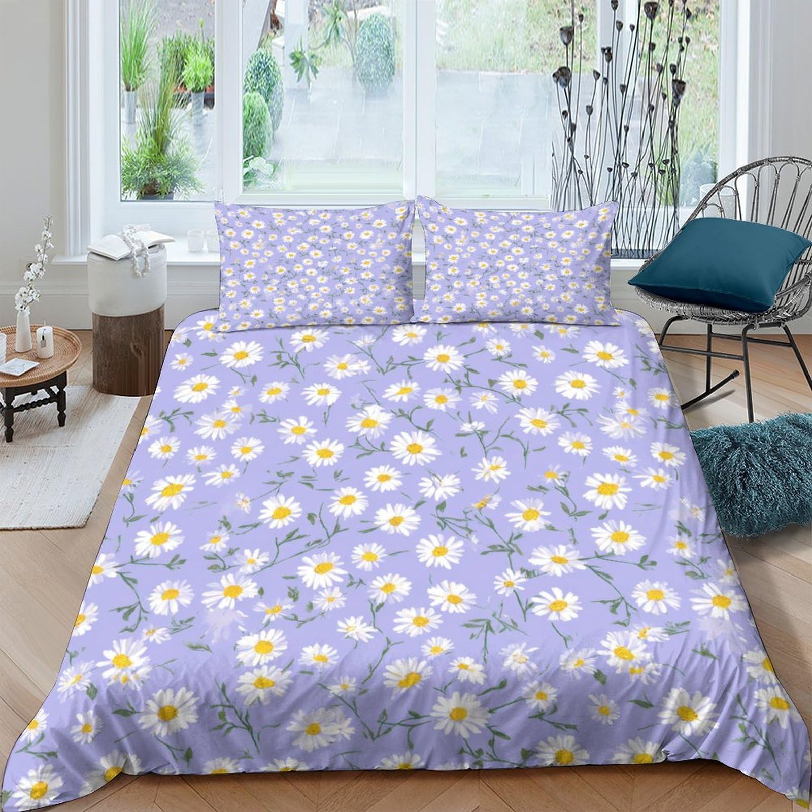 Ctjqhvkz Style-4 3D Printed Daisy Floral Fitted Sheet Microfiber Soft Purple Bed Sheet Sunflower Mattress Cover For Bedroom Guest Room Decor Single（135X200cm）