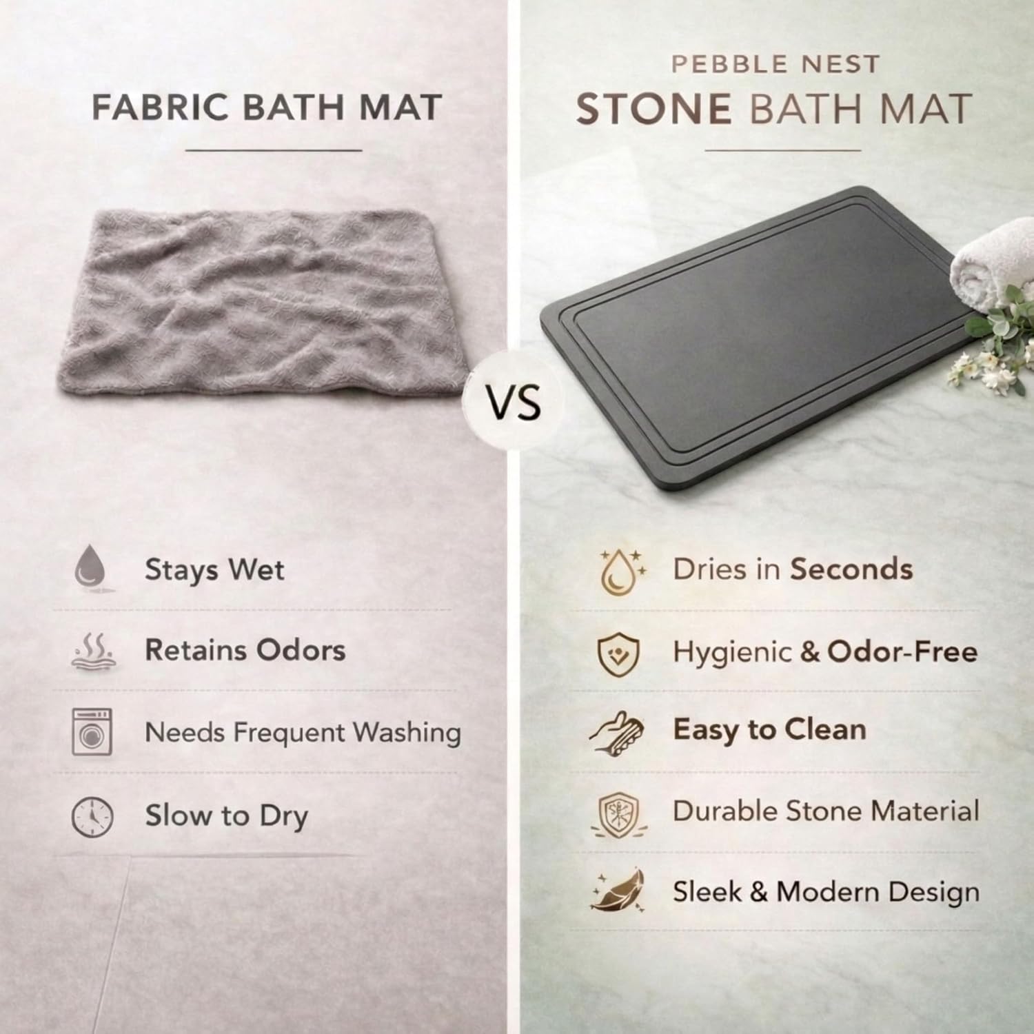 2 Pack Stone Bath Mat – Diatomaceous Earth Quick Drying Non-Slip Bathroom Mat – Super Absorbent Diatomite Shower Mat, Durable & Easy to Clean, Modern, 23.6" x 15.3", (Slate Grey - Linea)