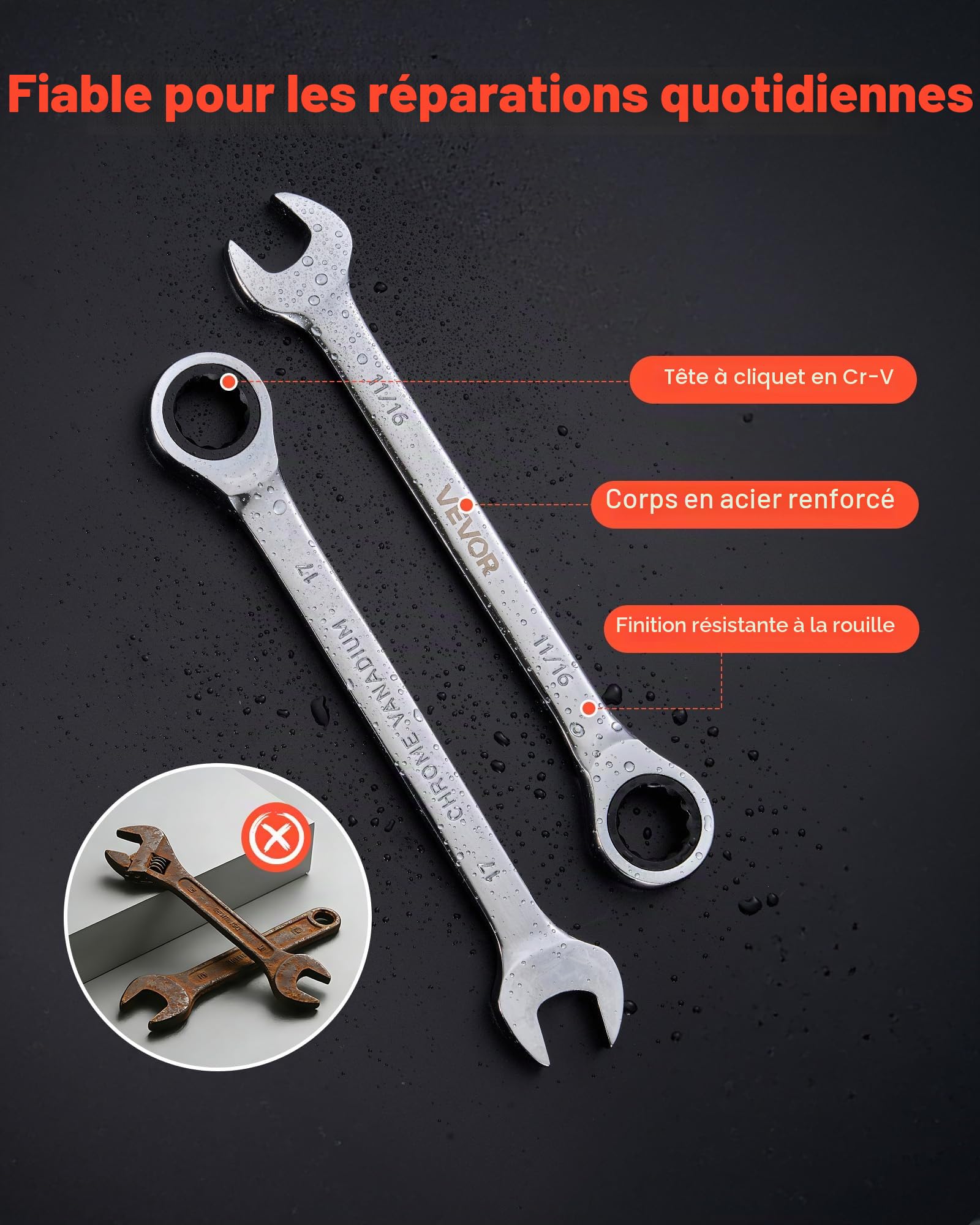 VEVOR Jeu de Clés Mixtes 26PCs, Clé Plate à Cliquet SAE et Métriques, pour Réparation Domestique et Auto, Extrémité Fourche, 72 Dents, en Acier Cr-V, Marquage Lisible, avec Support de Rangement