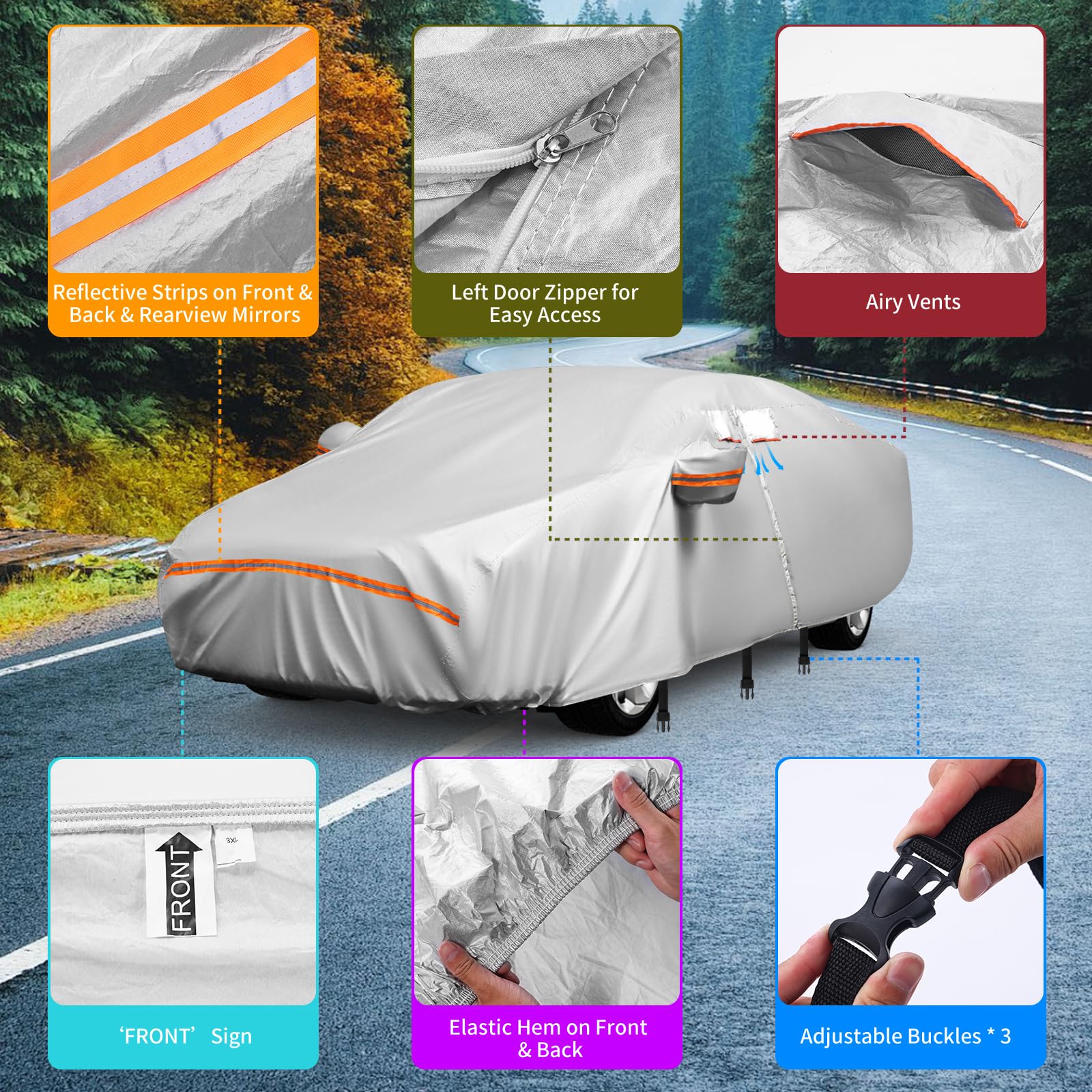 Sedan Car Cover Waterproof All Weather Heavy Duty 8 Layers Outdoor Car Covers for Automobiles with Door Zipper — view 4