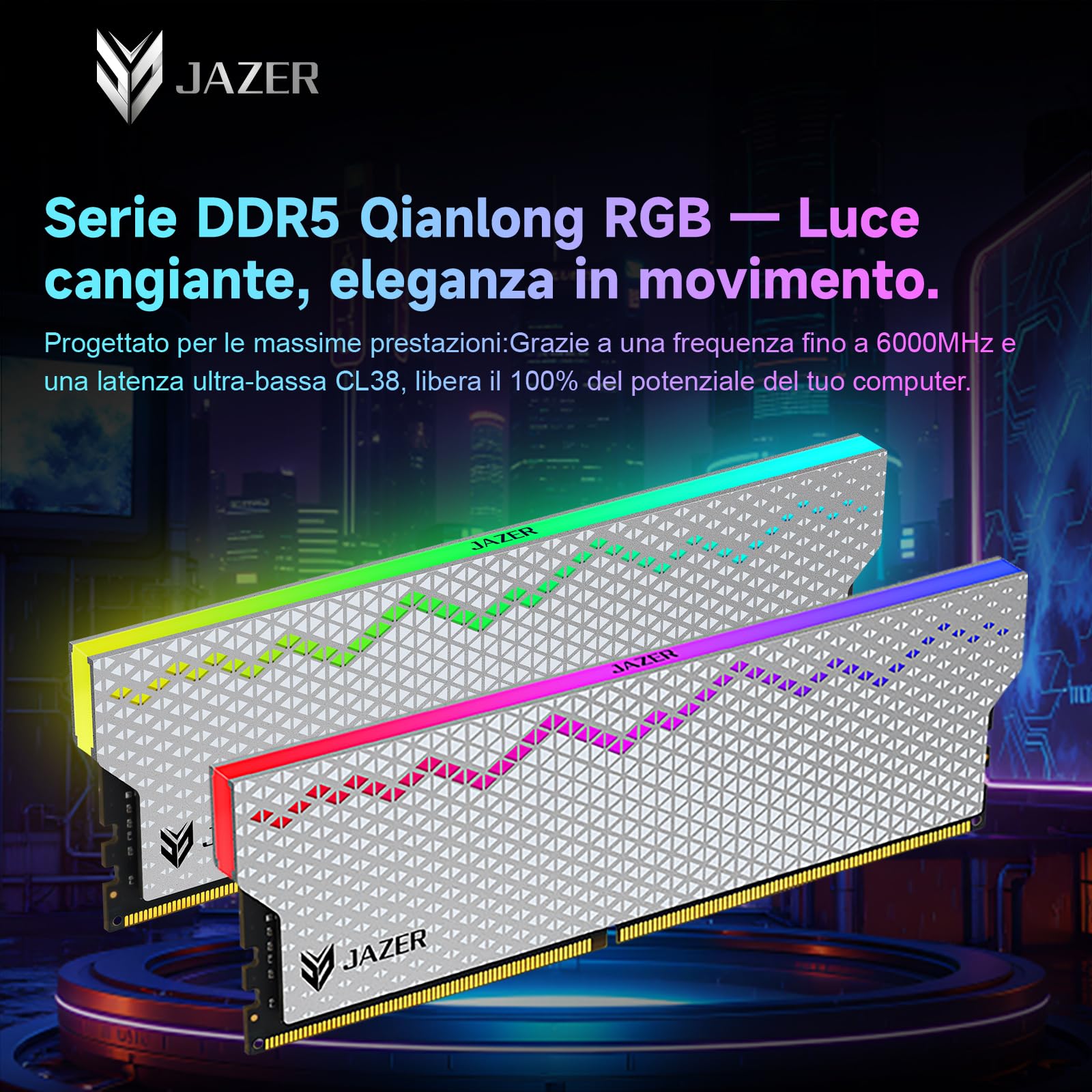 JAZER RGB RAM DDR5 32GB Kit (2x16GB) 6000MHz CL36, Memoria Desktop PC UDIMM DRAM 288-Pin, Memoria Computer da gioco DDR5 ad alte Prestazioni Supporto Intel XMP 3.0/AMD EXPO, AI, CL36-40-40-96, 1.35V