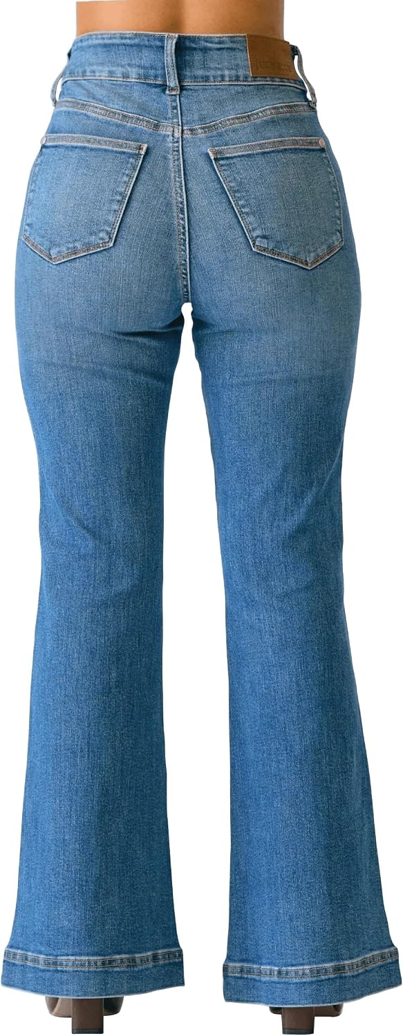 Judy Blue Women's High Waist Flare Jeans – Petite Fit, Tummy Control, Double Button WB, Stretch Denim, Inseam 30" image 2