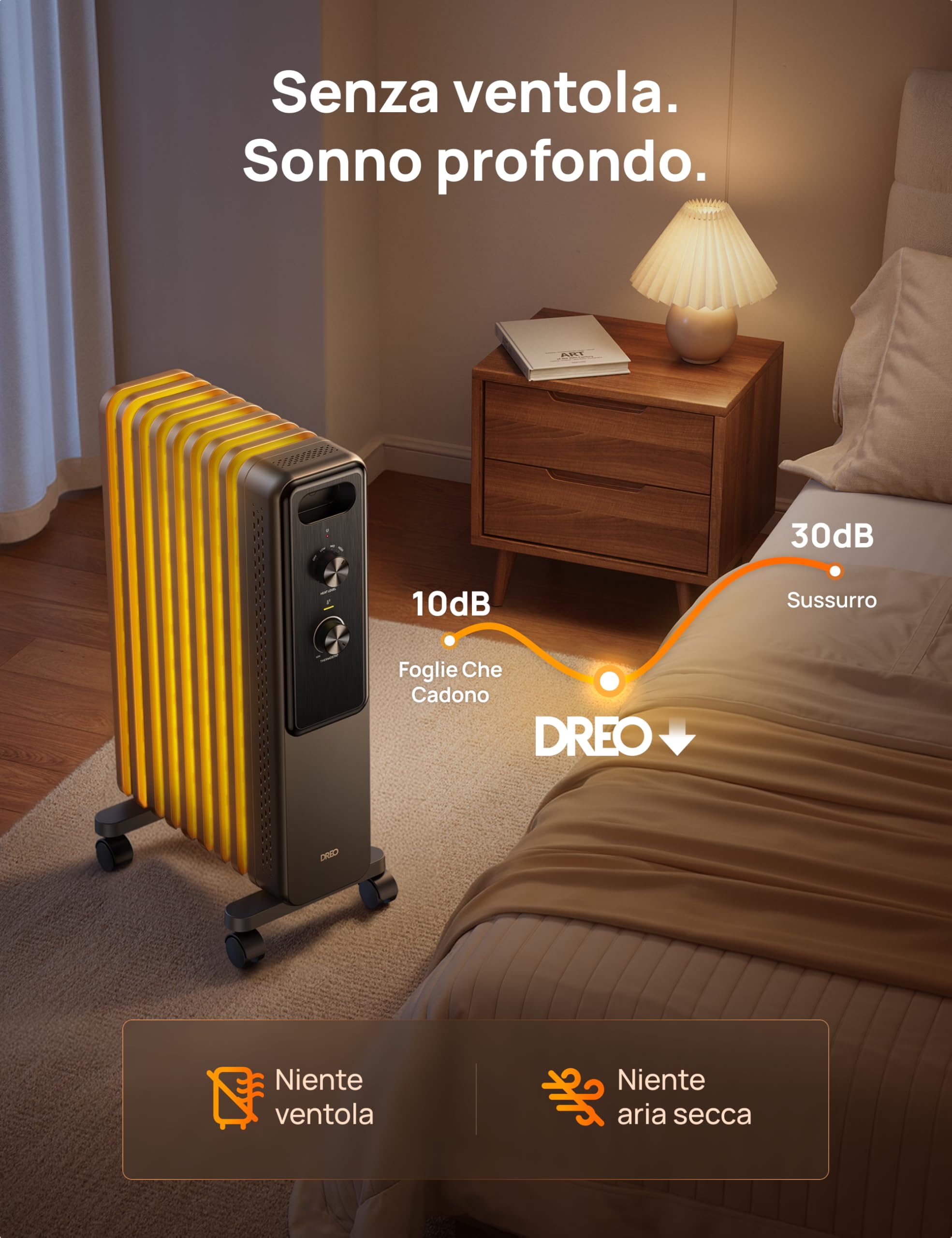 Dreo Radiatore a olio 2000W con 9 elementi, stufa elettrica silenziosa per camera da letto, termostato regolabile, protezione surriscaldamento e ribaltamento, blocco bambini e risparmio energetico