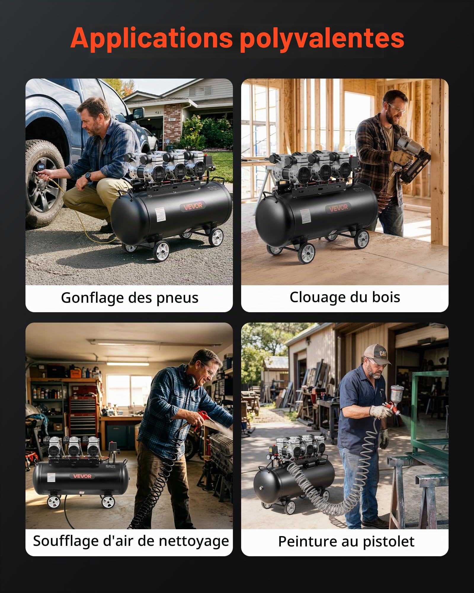 VEVOR Compresseur à Air 100 L Réservoir Compresseur d'Air sans Huile 3 kW pour Réparation Automobile, Gonflage Pneus, Peinture Pistolet, Clouage Bois, 198 L/min à 6,2 bar, Max. 8 bar, Portatif Mobile