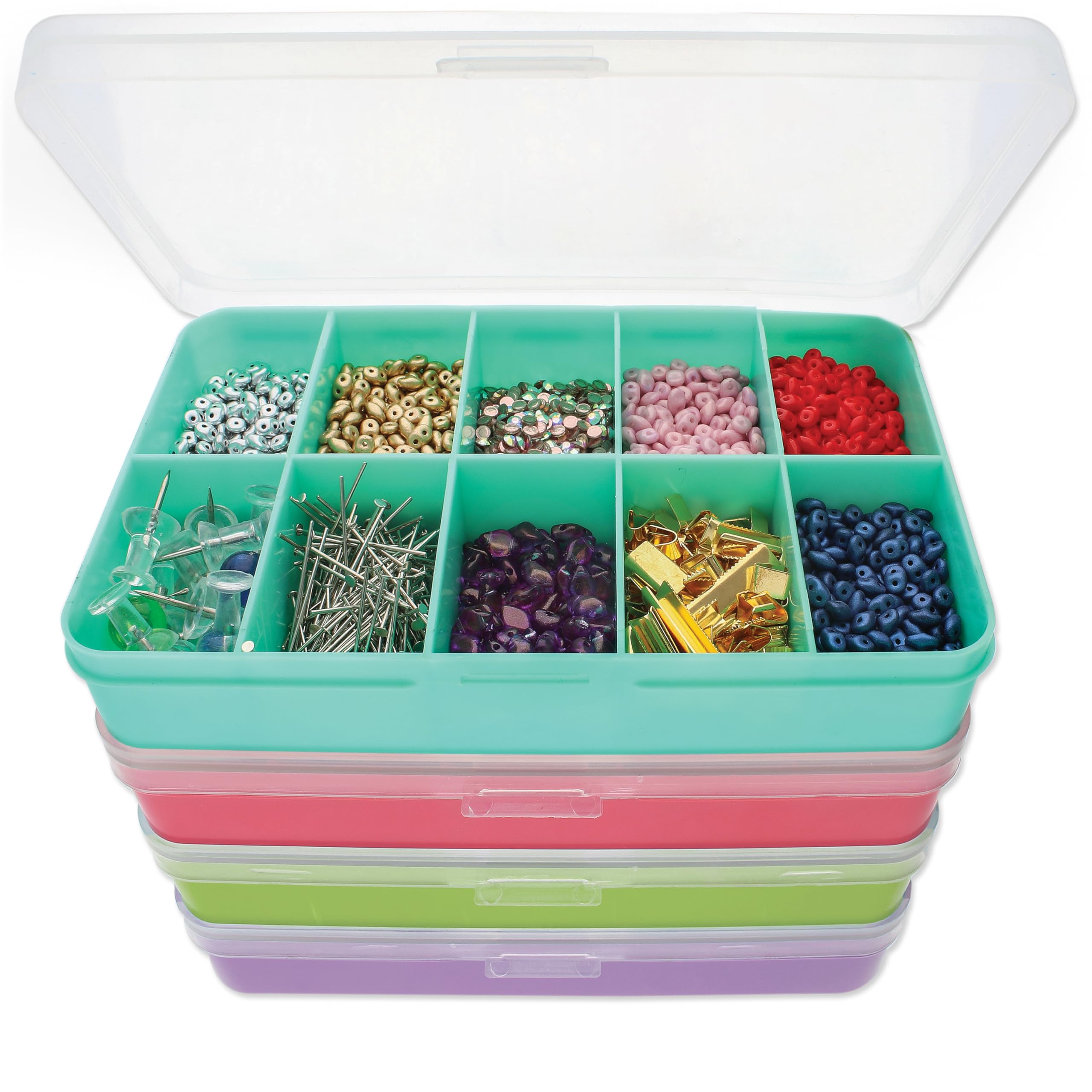 The Beadsmith Organizery oznaczone kolorami etui z osobowością, 4 pudełka do układania w stos, łącznie 22 przegródki, wymiary stosu 14,6 x 9,7 x 11,4 cm, organizer do przechowywania biżuterii, pudełko