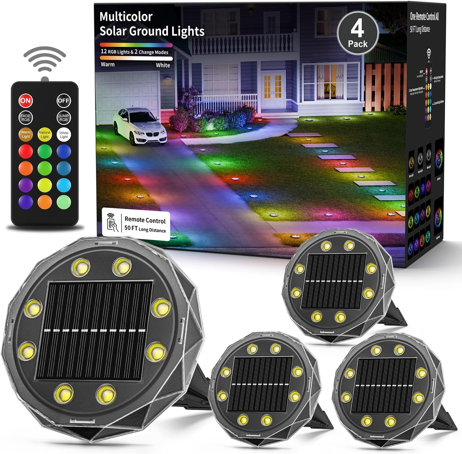 Solar Ground Lights with Remote, 15 Multi Color Solar Garden Lights Waterproof, RGB Solar Powered Outdoor Landscape Lighting for Pathway, Yard, Deck, Lawn, Patio, Walkway, Poolside, 4 Pack