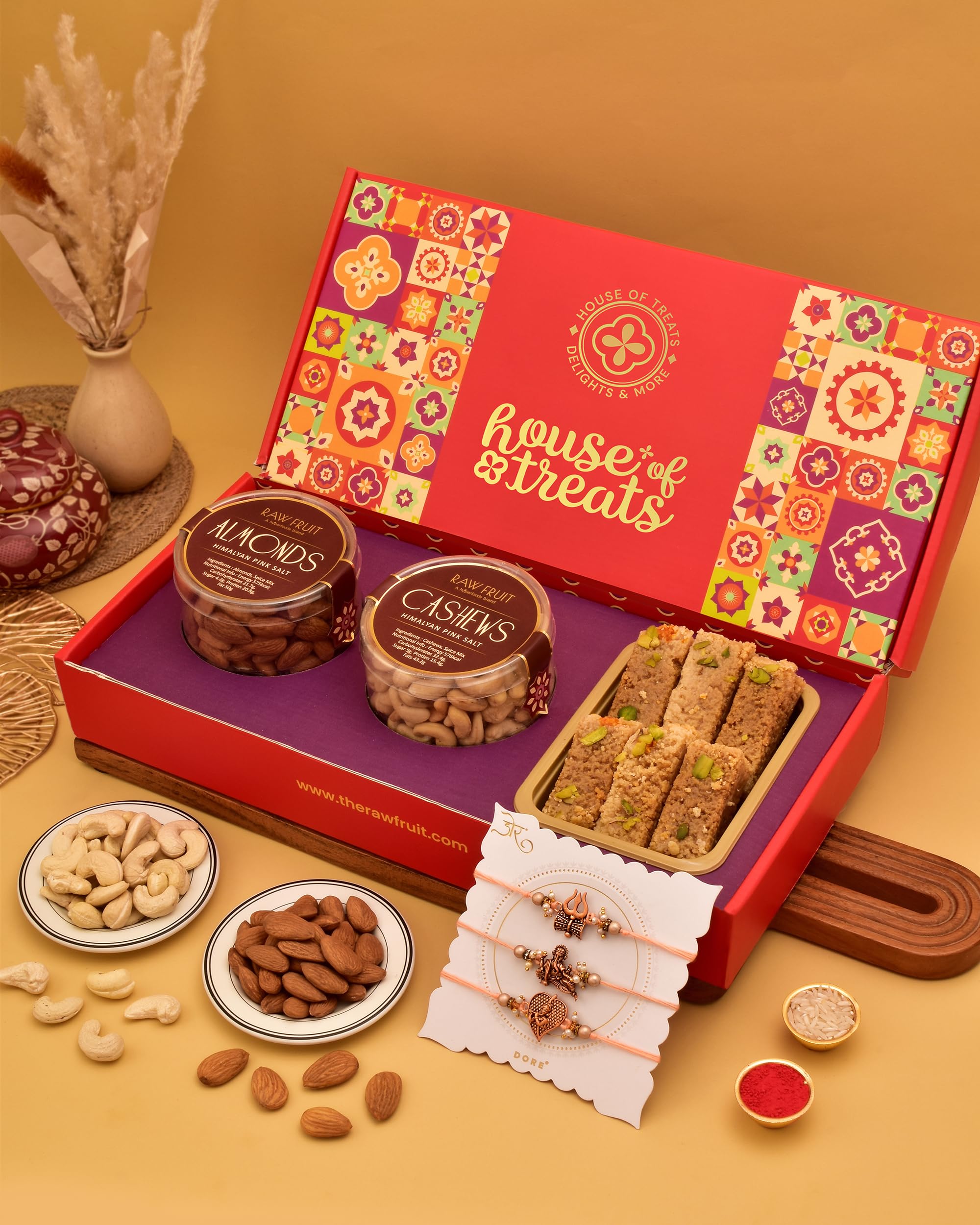 House Of TreatsĀ® Rakhi Set Of 3 With Sweets Rakhi Sweets For Brother Dry Fruits Combo Pack Gift Box Roasted Dryfruits Cashew Almond Milk Cake Trinity Rakhi Pack Of 3 Rakhi Set With Sweets