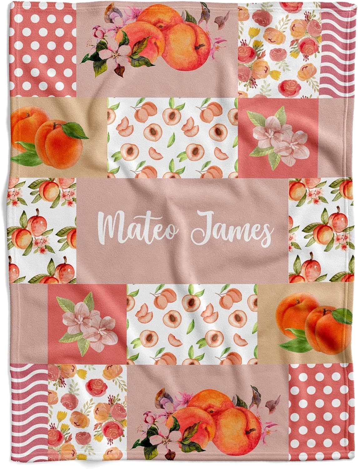 Personalized Peach Baby Blanket, Custom Fruit Themed Soft Wrap, Polka Dot & Floral Nursery Decor, Peachy Newborn Swaddle, Unique Name Snuggle Quilt, Infant Soft Peach Comfort Blanket