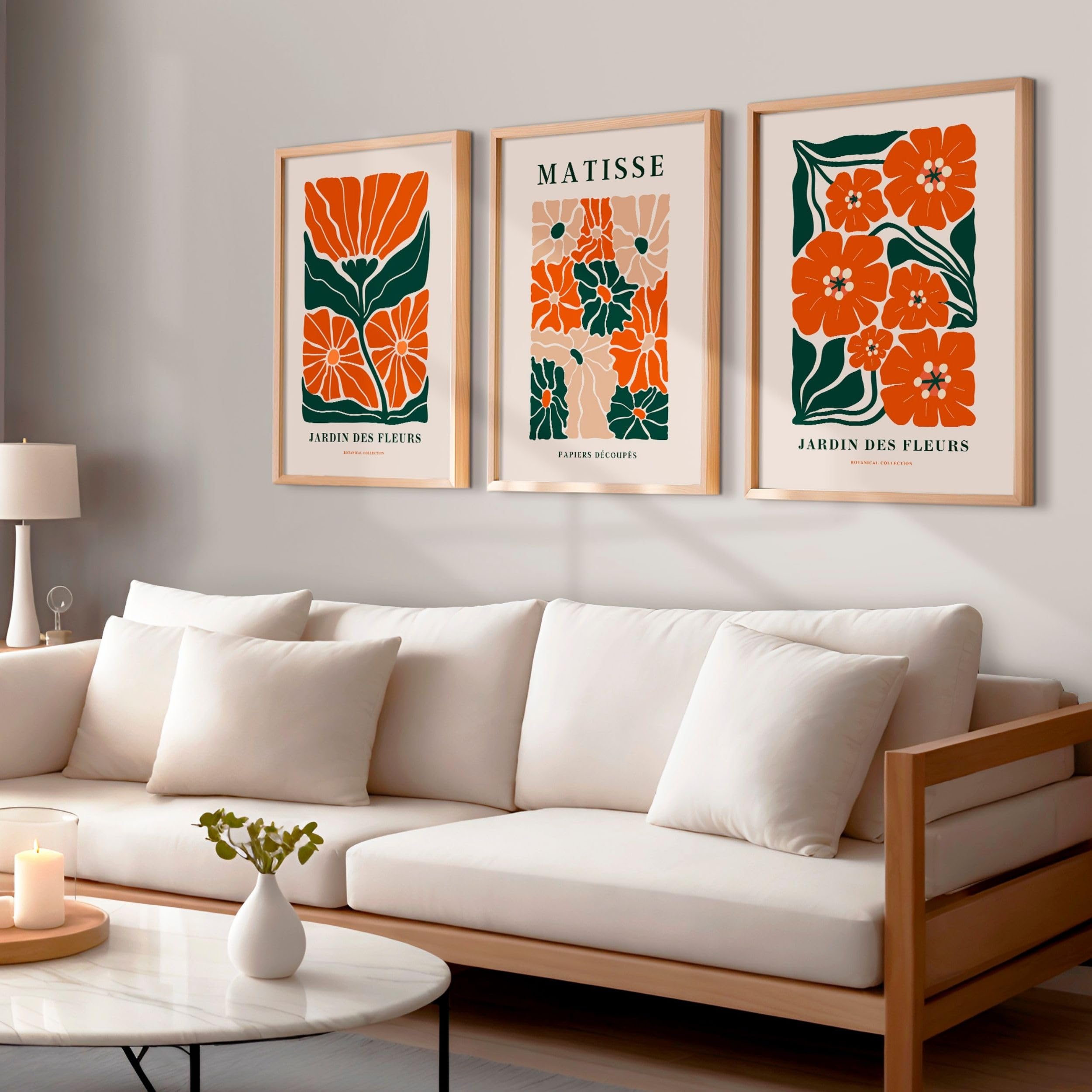 Matisse - Juego de 3 pósteres florales para pared, color naranja y verde