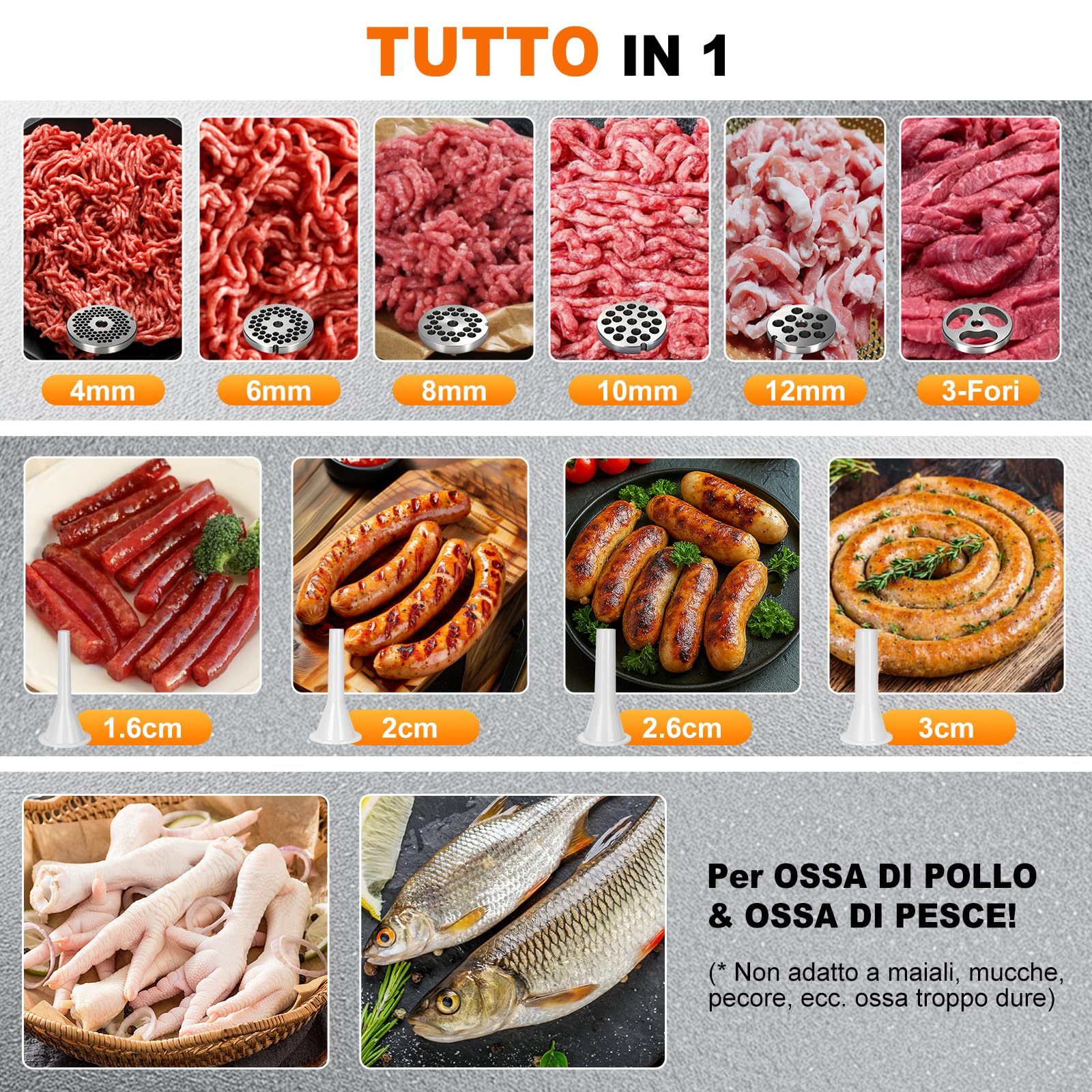 Anatole Tritacarne Elettrico Commerciale 1300W Acciaio Inox Integrale Macchina per Salsicce Multifunzionale con 4/6/8/10/12mm/3-Fori Piastre di Macinazione 1 Insaccatrice per Salsiccia 4 Lame 220V