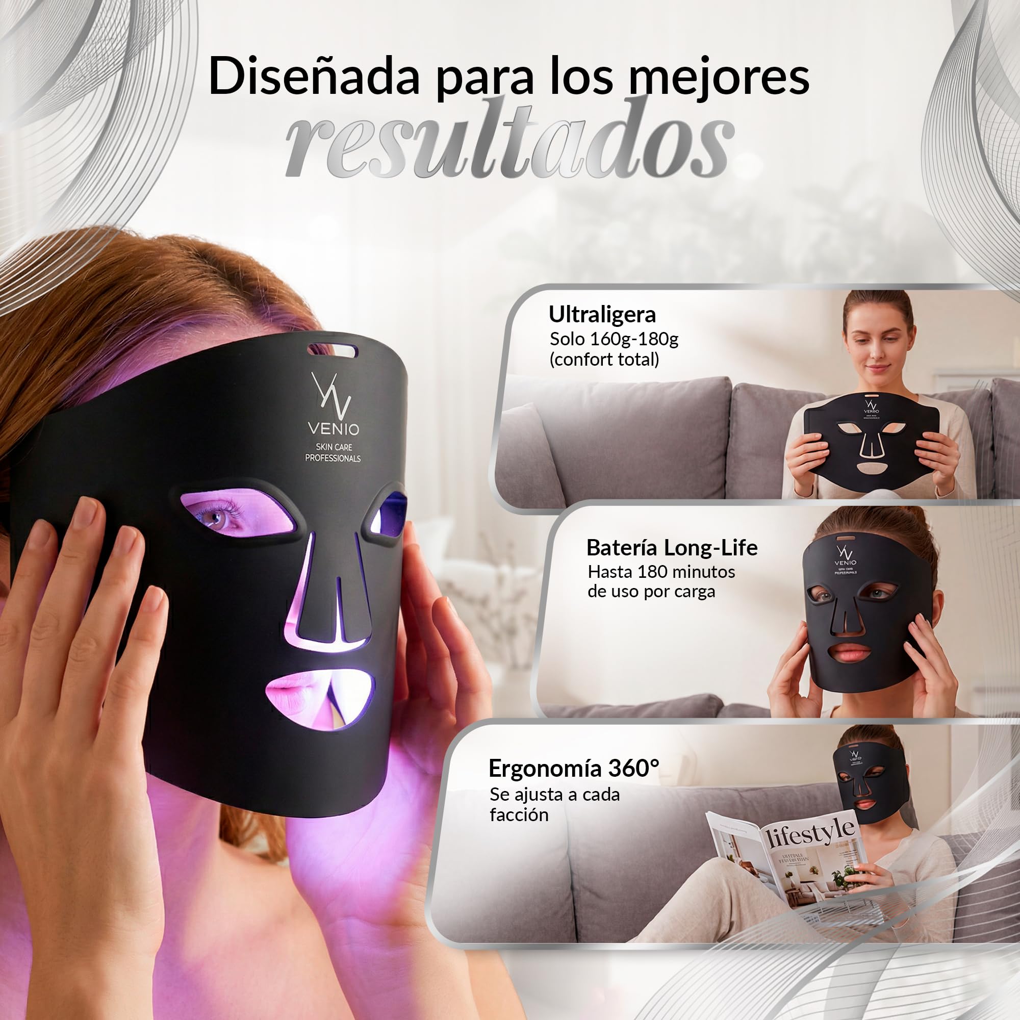 Máscara LED Facial Profesional – Dispositivo de Luz Roja e Infrarroja para Rutina de Cuidado Estético – 4 Colores LED para Uso Cosmético y Bienestar – Mascarilla de cuidado Facial en Casa