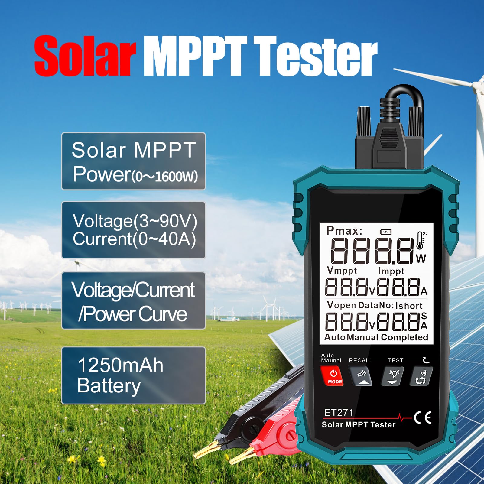 Tester solare da 1600 W, tester digitale portatile MPPT con modalità auto/manuale, tensione a vuoto, punto di potenza massimo (potenza/tensione/corrente), batteria da 1250 mAh