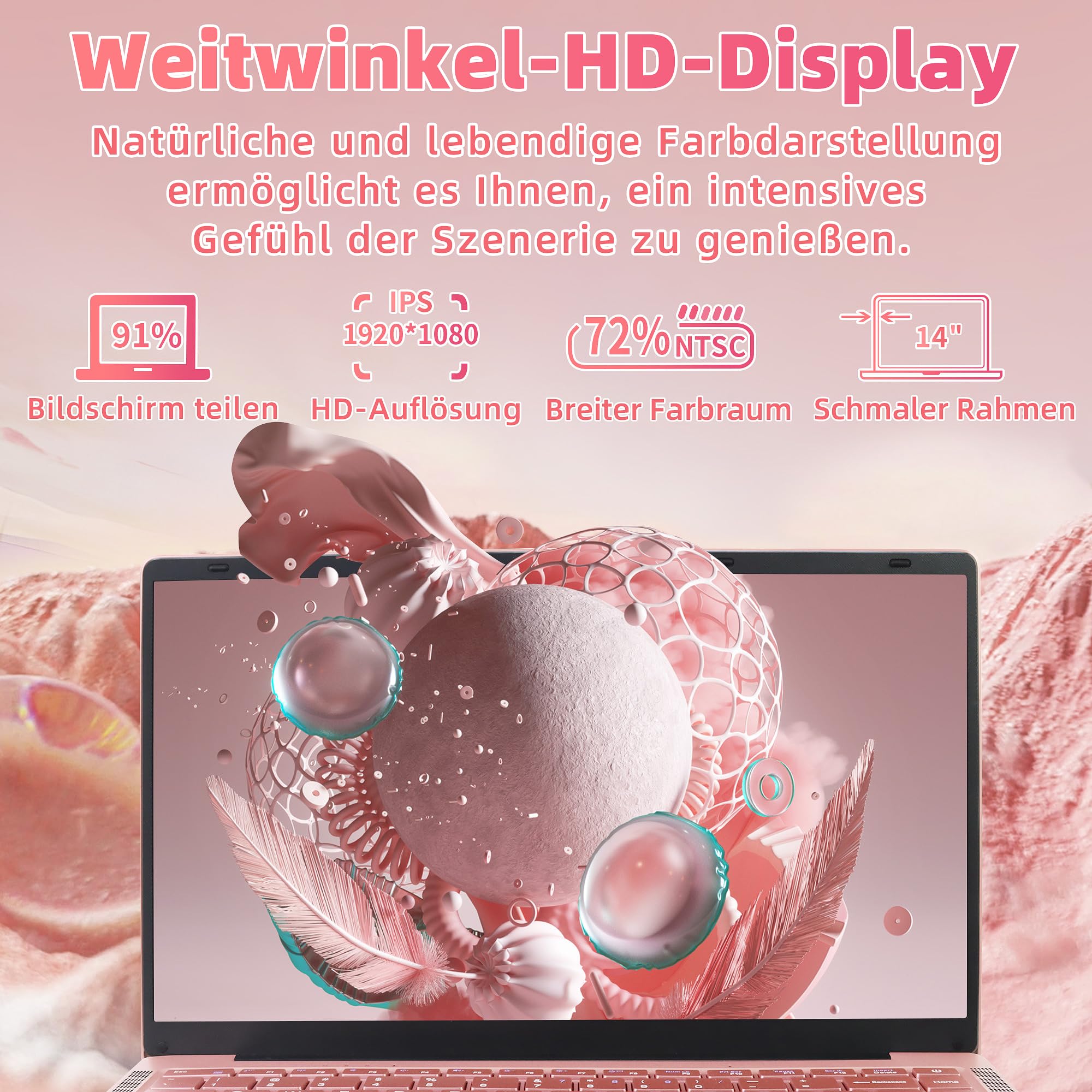Computer portatile da 14", oro rosa, RAM DDR4, SSD da 128 GB, Quad-Core Celeron J4105 | Processore più veloce di N4000/AMD 3020e, FHD IPS, HDMI, Wi-Fi, Bluetooth, notebook ultra leggero e portatile per studenti
