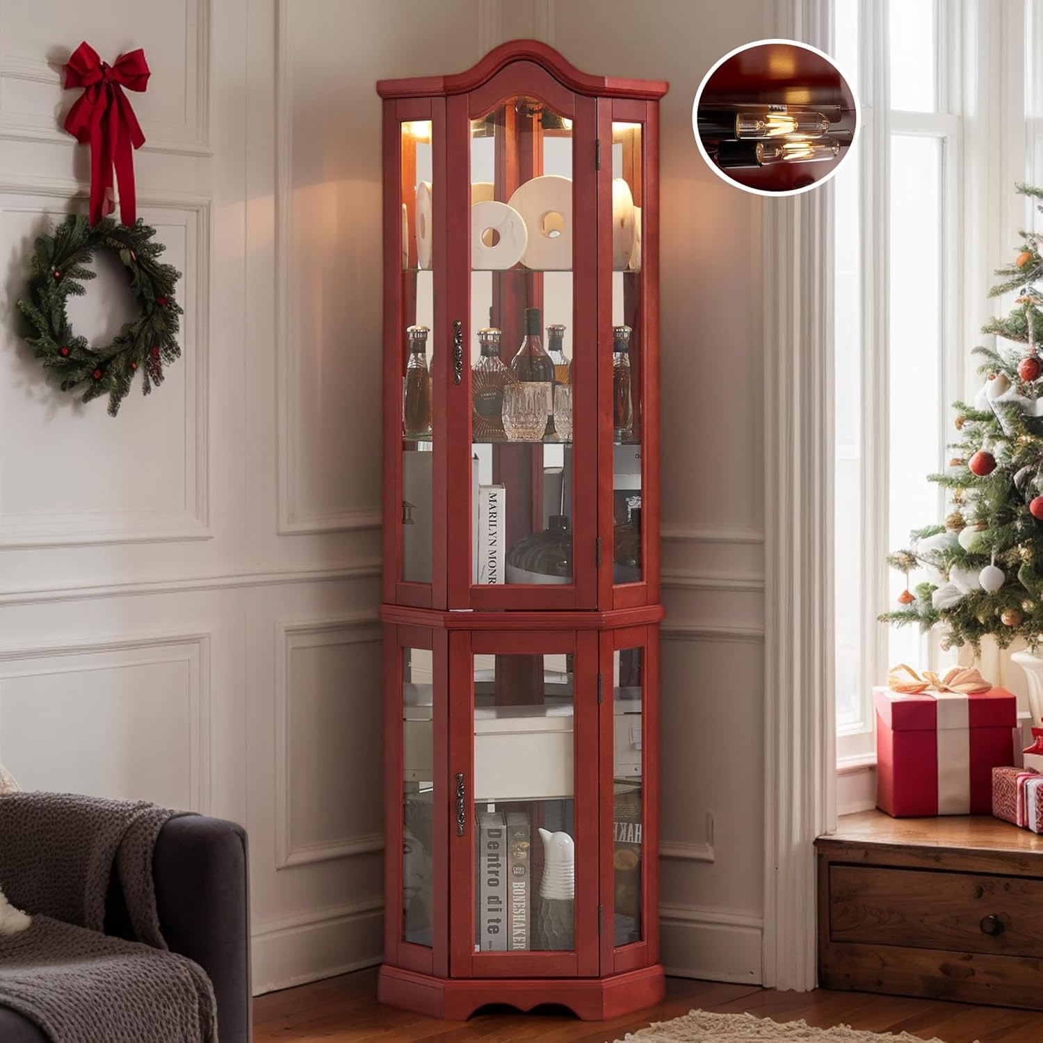 Lighted Corner Curio Cabinet 70.5" Tall Wooden China Cabinet with Tempered Glass Doors, Freestanding Glass Display Case Wine Cabinet Storage Rack for Bar and Liquor Storage (Cherry)