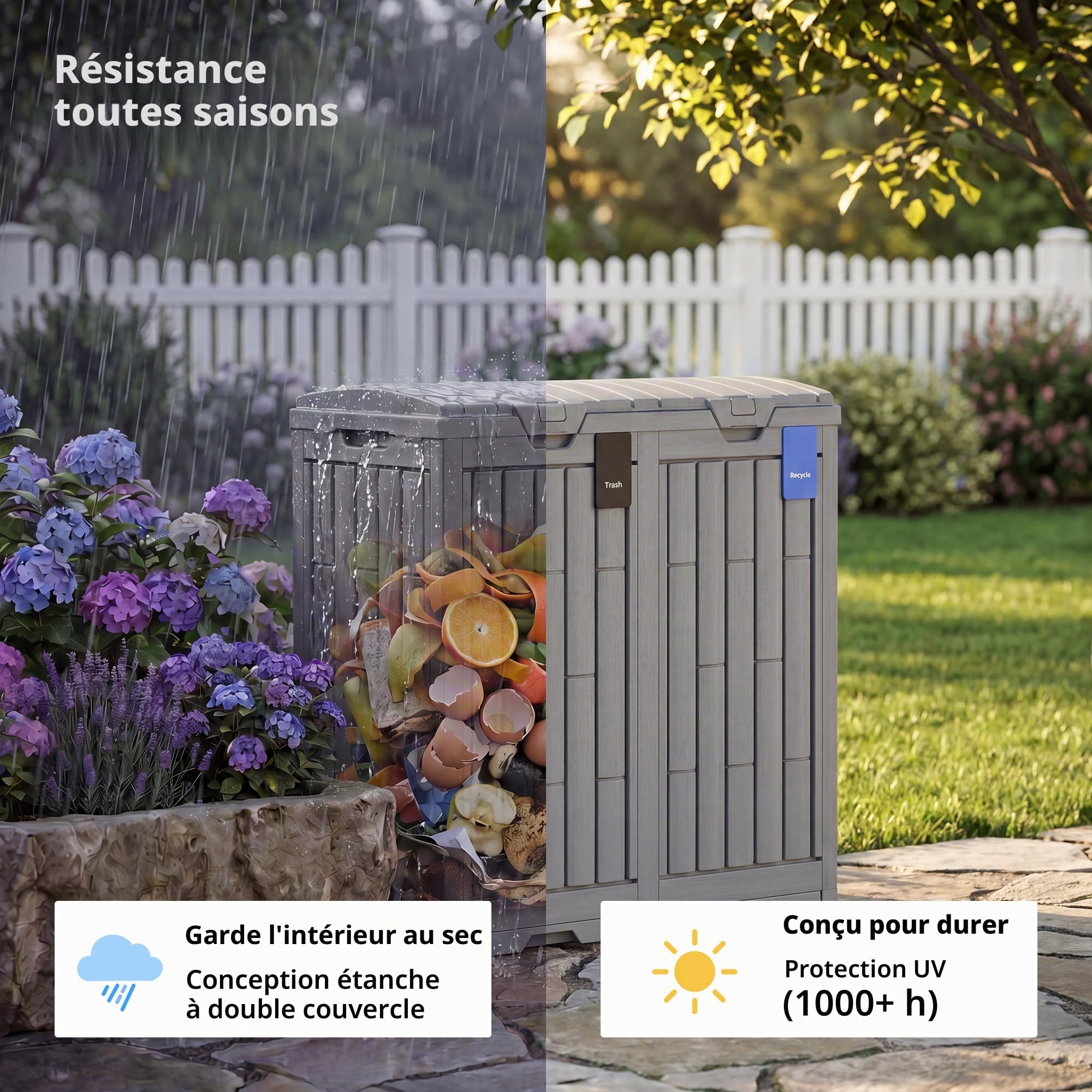 EAST OAK Poubelle d'extérieur de 280 litres | Poubelle en résine imperméable avec Couvercle à étages et Plateau d'égouttement | Poubelle extérieure pour terrasse | Cuisine, arrière-Cour et terrasse |