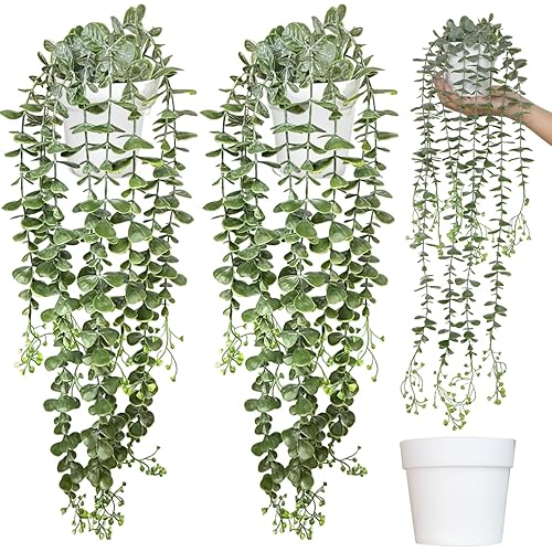 Fake Hanging Plants, 2pcs Artificial Eucalyptus Potted, Artificial Hanging Plant for Wall Decor Bathroom Office Shelf Indoor and Outdoor Greenery, Faux Hanging Plant for Aesthetic Enhancement