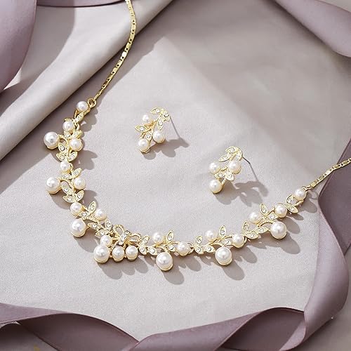 Miniatura 4 de EVER FAITH Juego de aretes de collar con lazo de hoja de vid de perlas simuladas para mujer Cristal