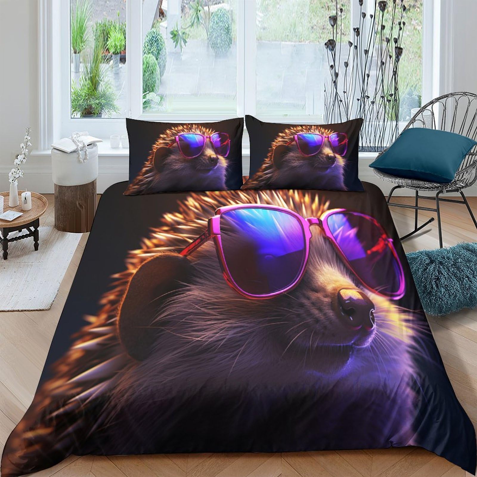 GPLZQXKJNH 3D Printed Cool Hedgehog Duvet Cover Set Microfiber Soft Breathable Sunglasses Bedding with 2 Pillowcases for Bedroom Single（135x200cm）