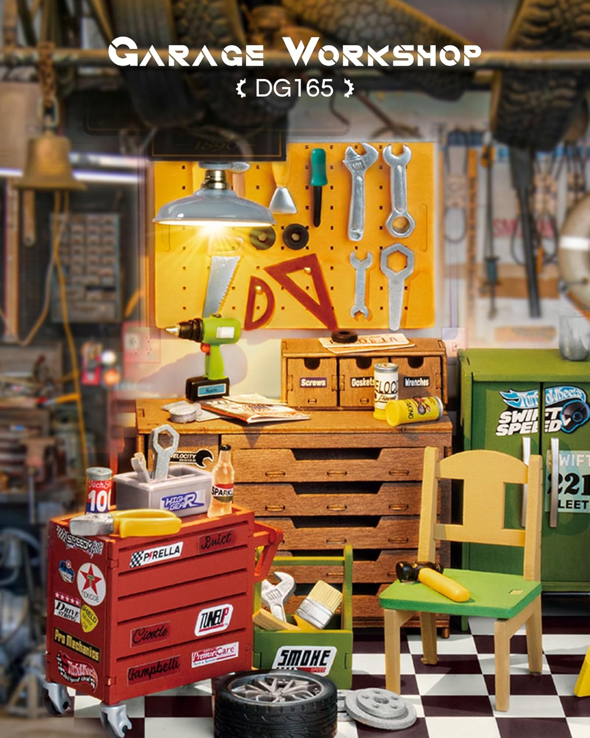 Close-up view of the miniature garage workshop interior, showing a workbench, tool cabinet, and various tiny tools.