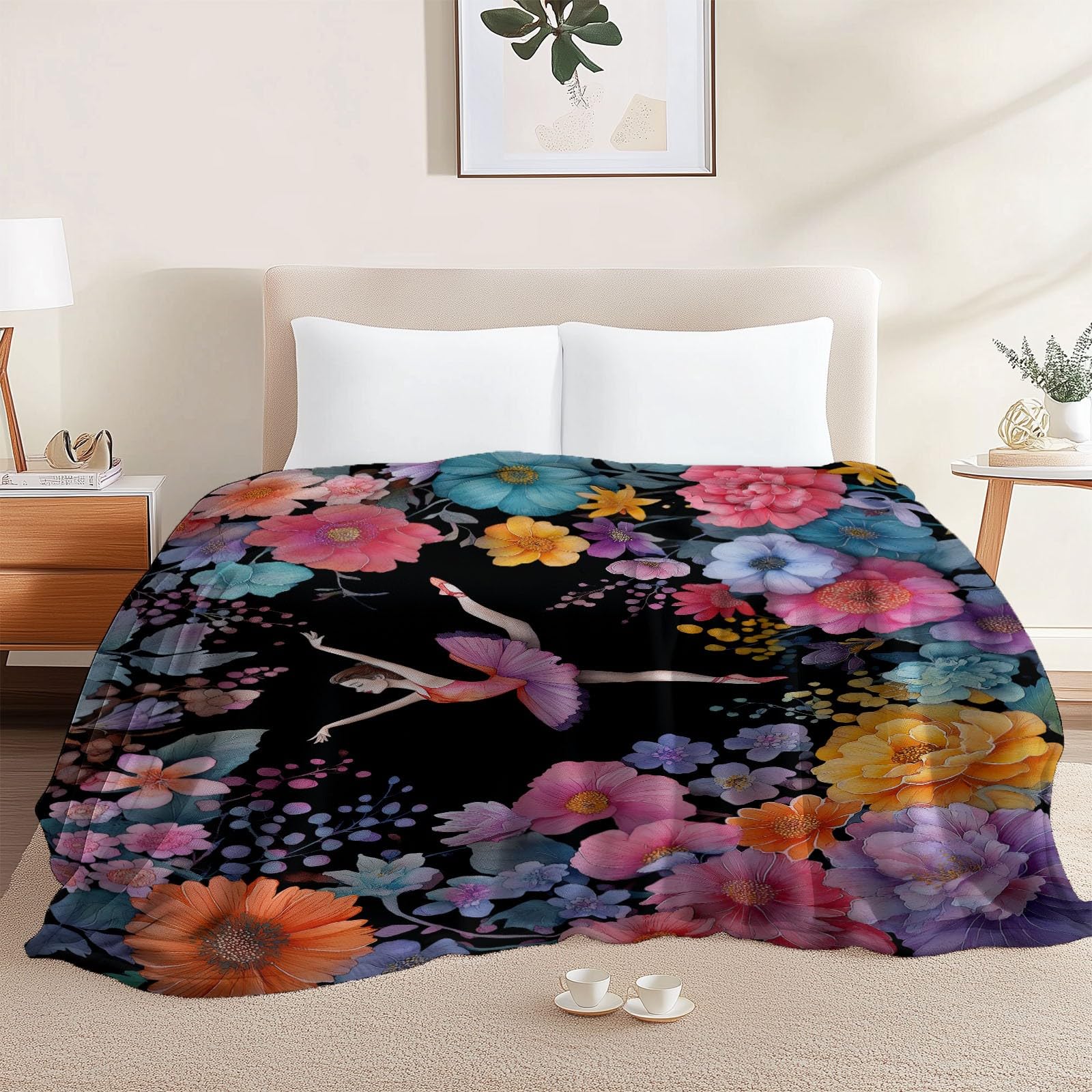 Kocyk dziecięcy z nadrukiem, 180 x 200 cm, akwarelowy, baletowy, kwiatowy, elegancki, miękki, pluszowy, narzuta na łóżko, sofę, do biura, na kemping, krzesło, do salonu, szaro-niebieski, rozmyty koc