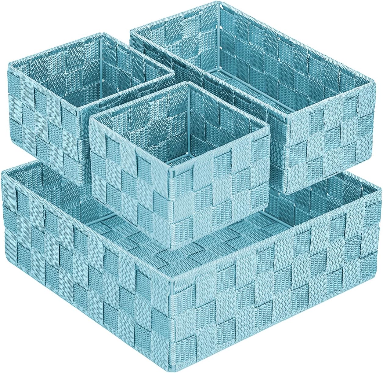 Organization and Storage Baskets Organizing Bins Small Woven Basket Cube Container Organizer Divider for Closet, Shelf, Dresser, Drawer, Bedroom, Kitchen, Pantry, Set of 4, Blue