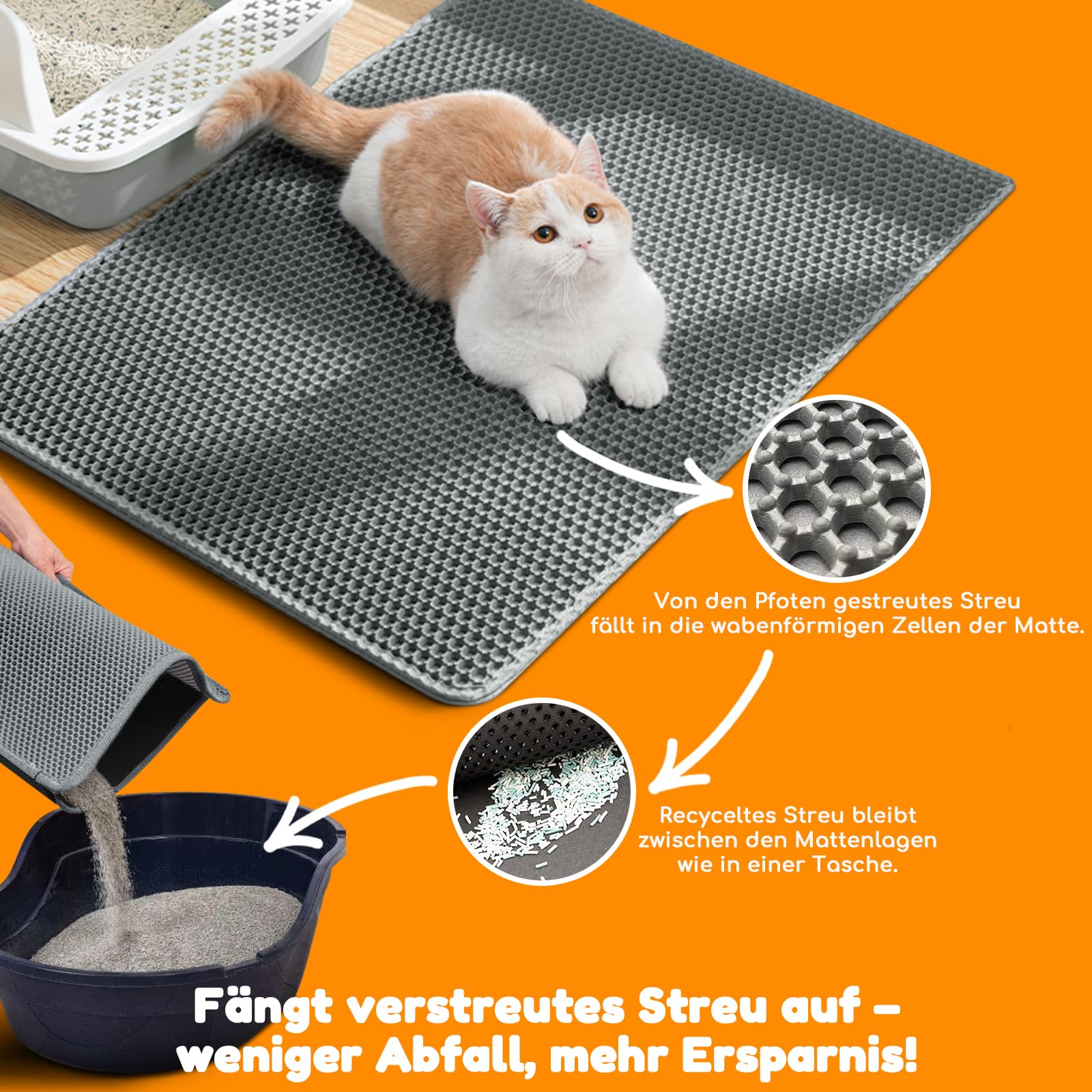 Katzenklo Matte 120x70cm Doppelschicht Katzenmatte Dunkelgrau | Wasserundurchlässig Katzenstreumatte mit Anti-Rutsch Bienenwabenmuster Katzenmatte für Alle Katzen