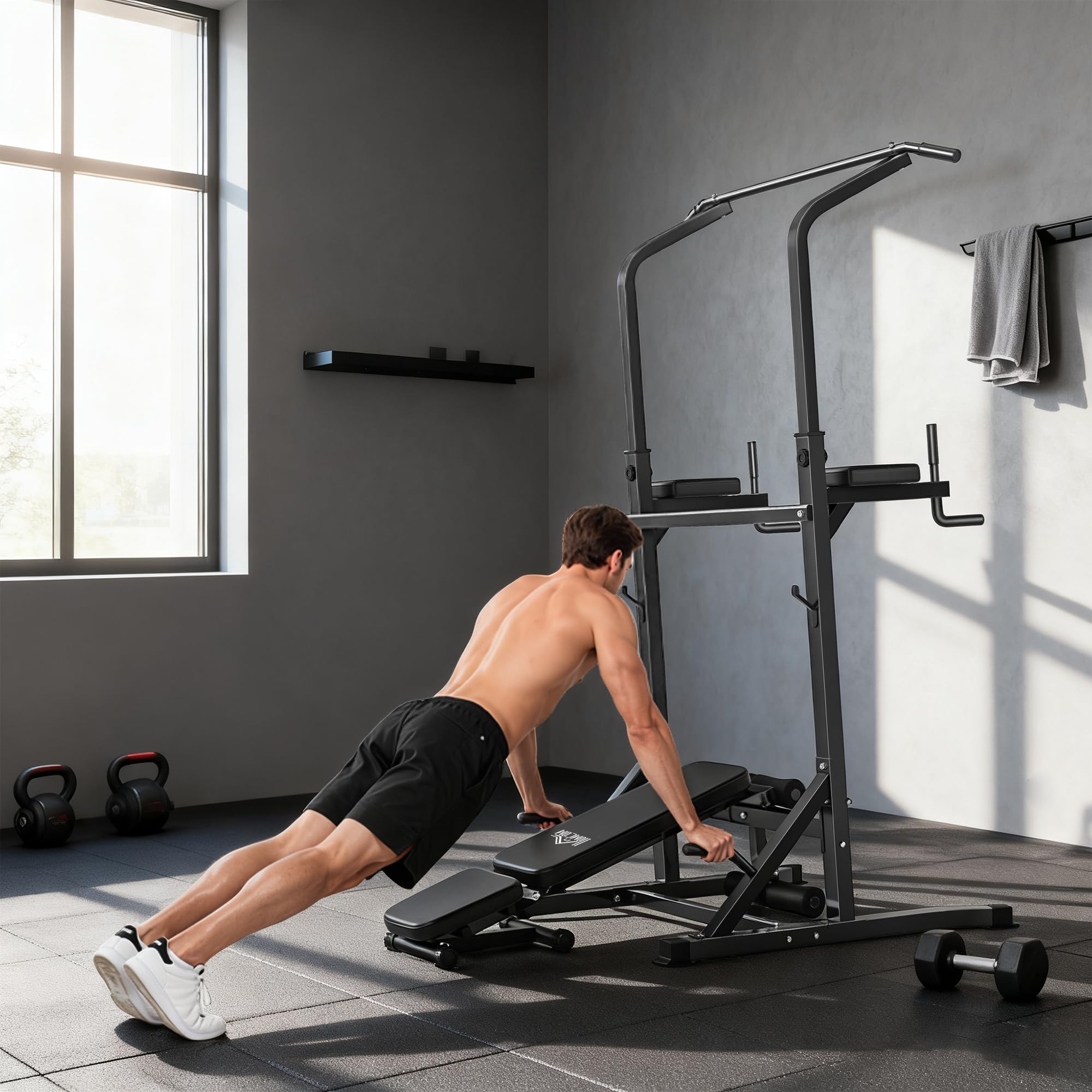 HOMCOM Estación de Musculación Torre de Entrenamiento Altura Ajustable con Barra de Dominadas y Banco Plegable para Fitness en Casa Gimnasio Carga 150 kg 99x178x230 cm Negro
