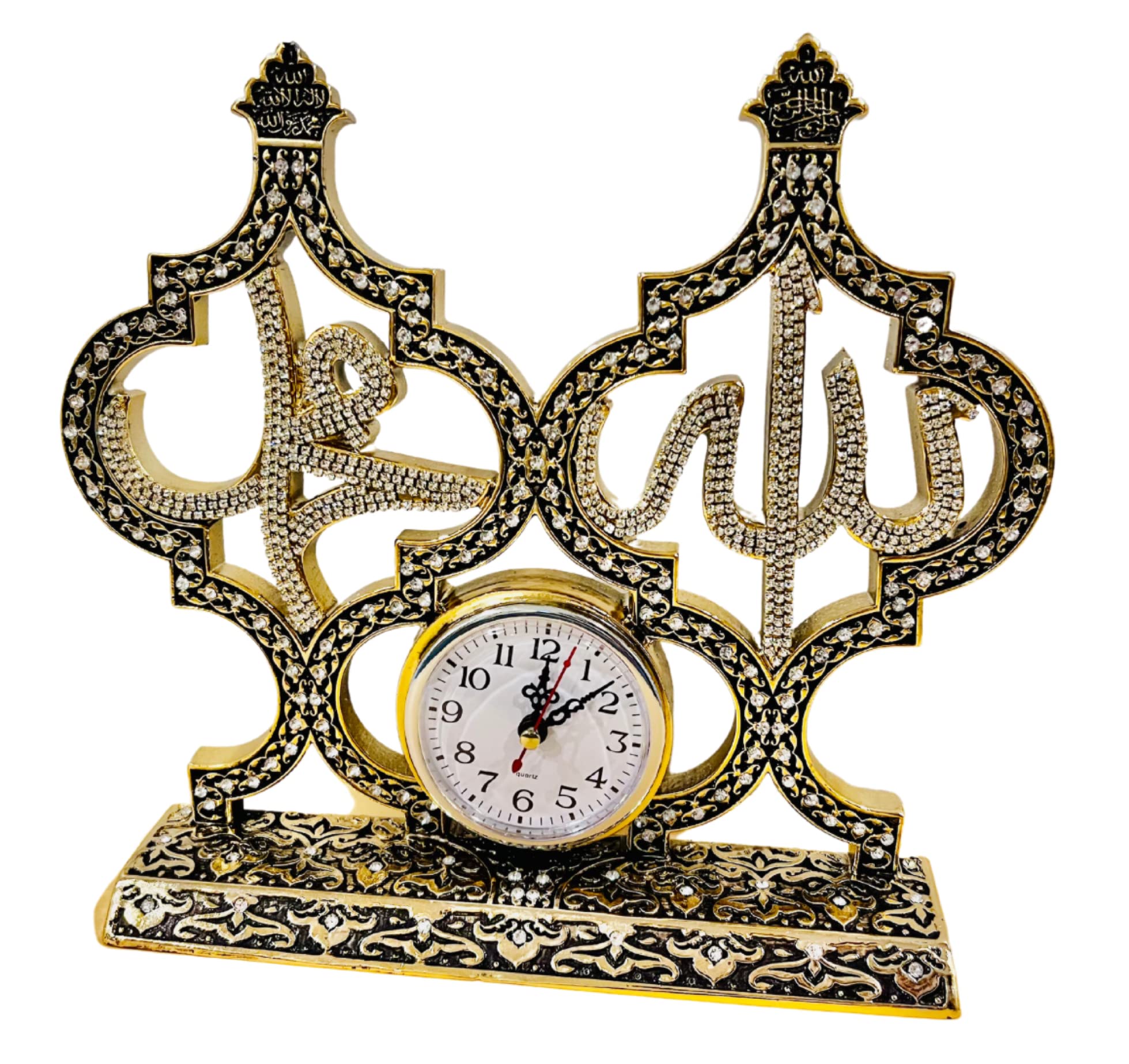 eMart4U Muslim Clock, Allah Muhammad Table Clock with Rhinestones, Islamic Table Décor, Islamic Turkish Hajj Gift, Name of Allah Muhammad Islamic Gift Sculpture Islamic Decoration Art (Gold)